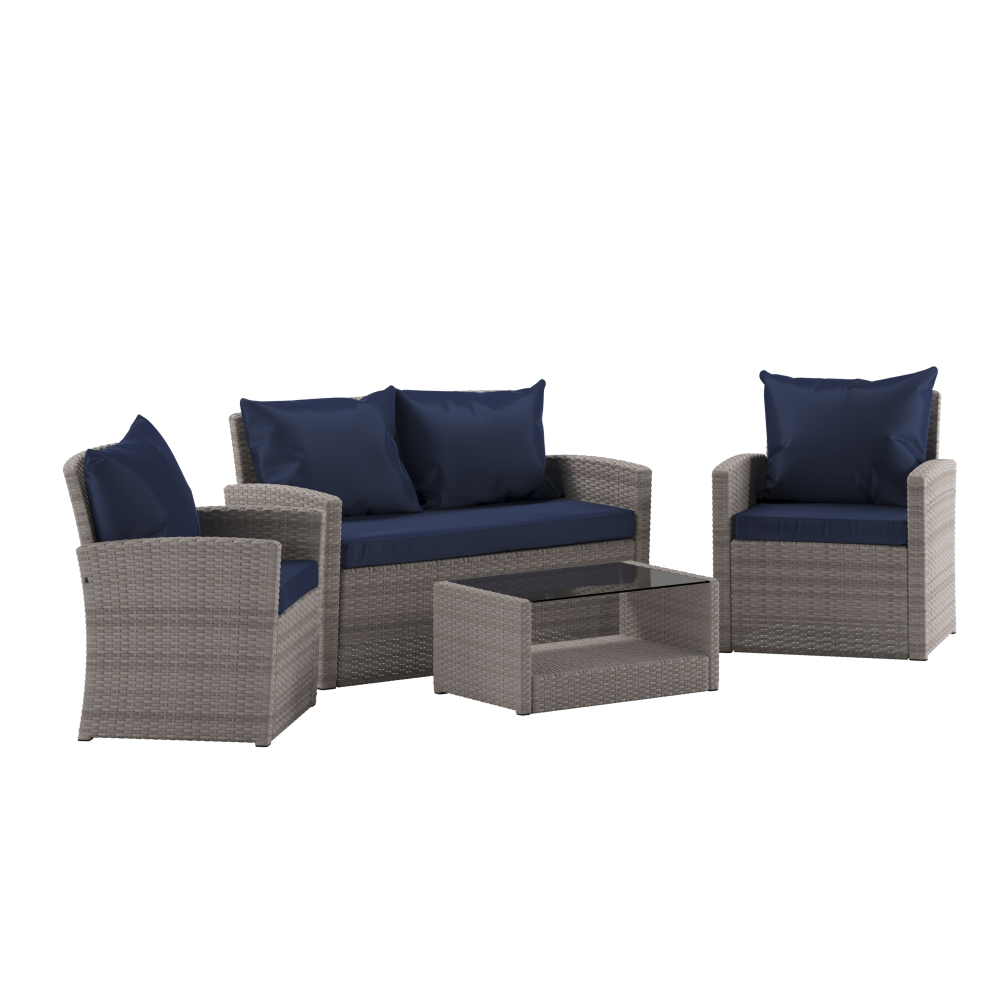 Flash Furniture, 4 Piece Lt Gray Patio Set with Navy Back Pillows, Pieces (qty.) 4 Primary Color Gray, Seating Capacity 4 Model# JJS351GYNV