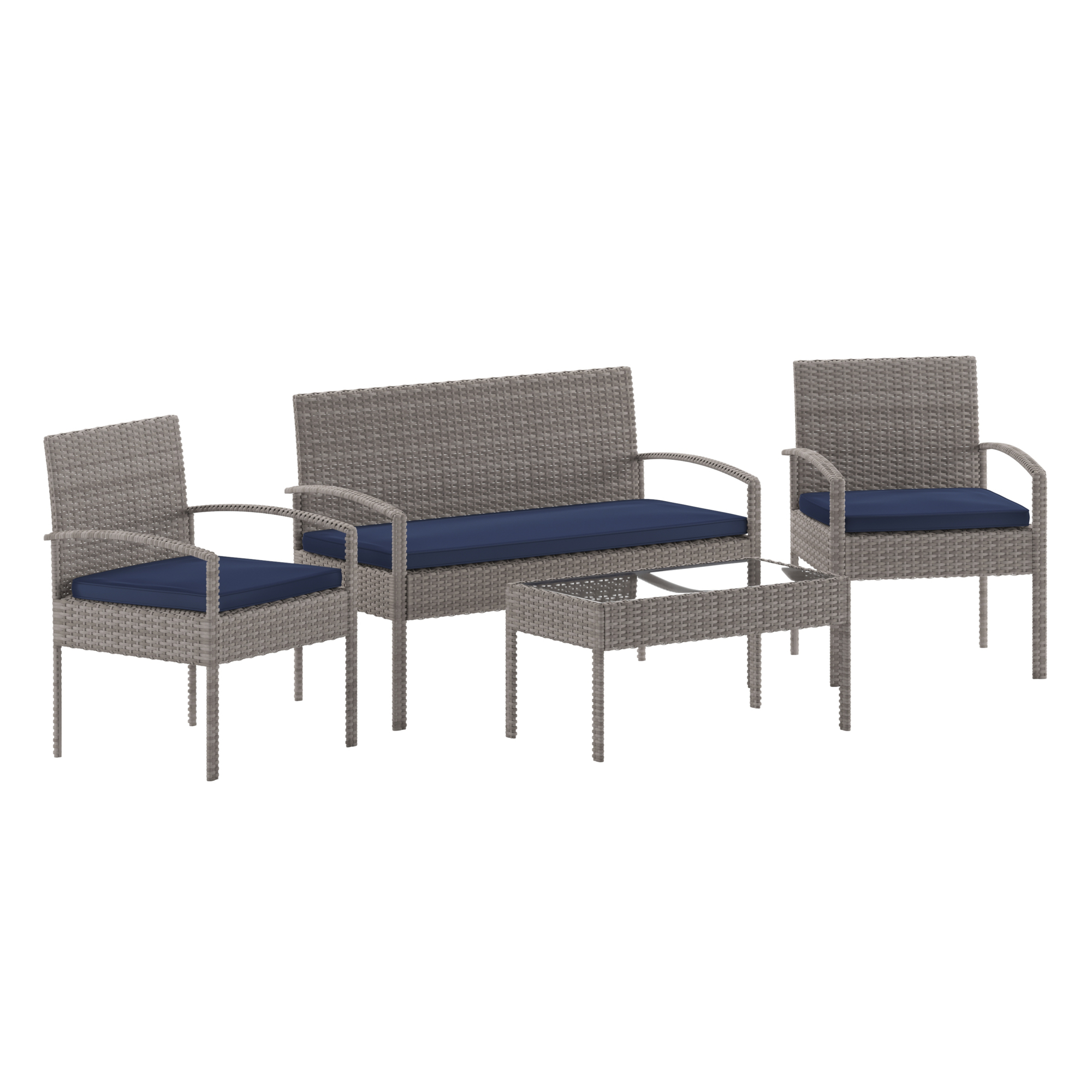 Flash Furniture, 4 Piece Gray Patio Set with Navy Cushions, Pieces (qty.) 1 Primary Color Gray, Seating Capacity 4 Model# JJS312GYNV
