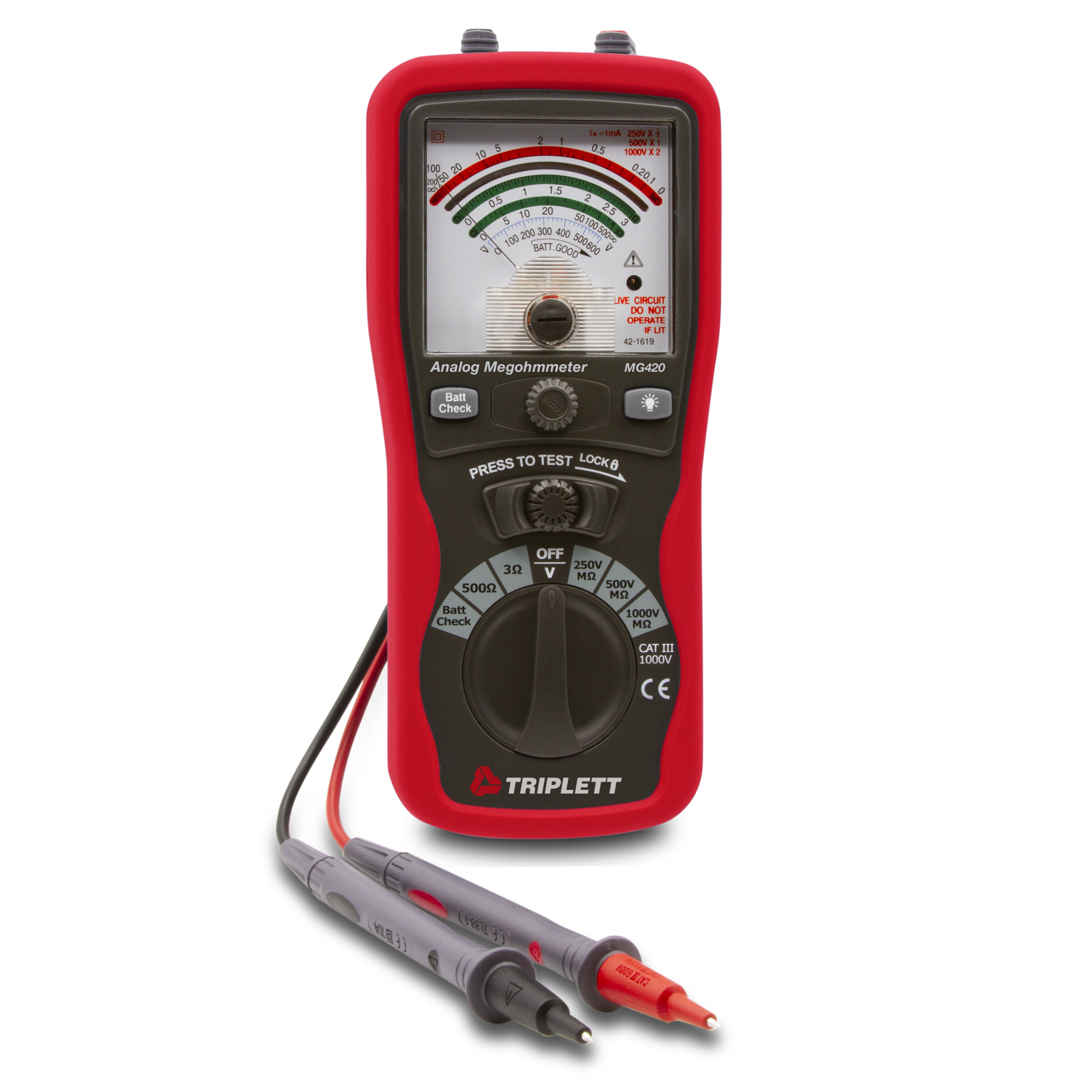 Triplett Analog Insulation Tester — 400MÎ©, 250V/500V/1000V Test Voltages, CAT III 1000V/CAT IV 600V, Model# MG420