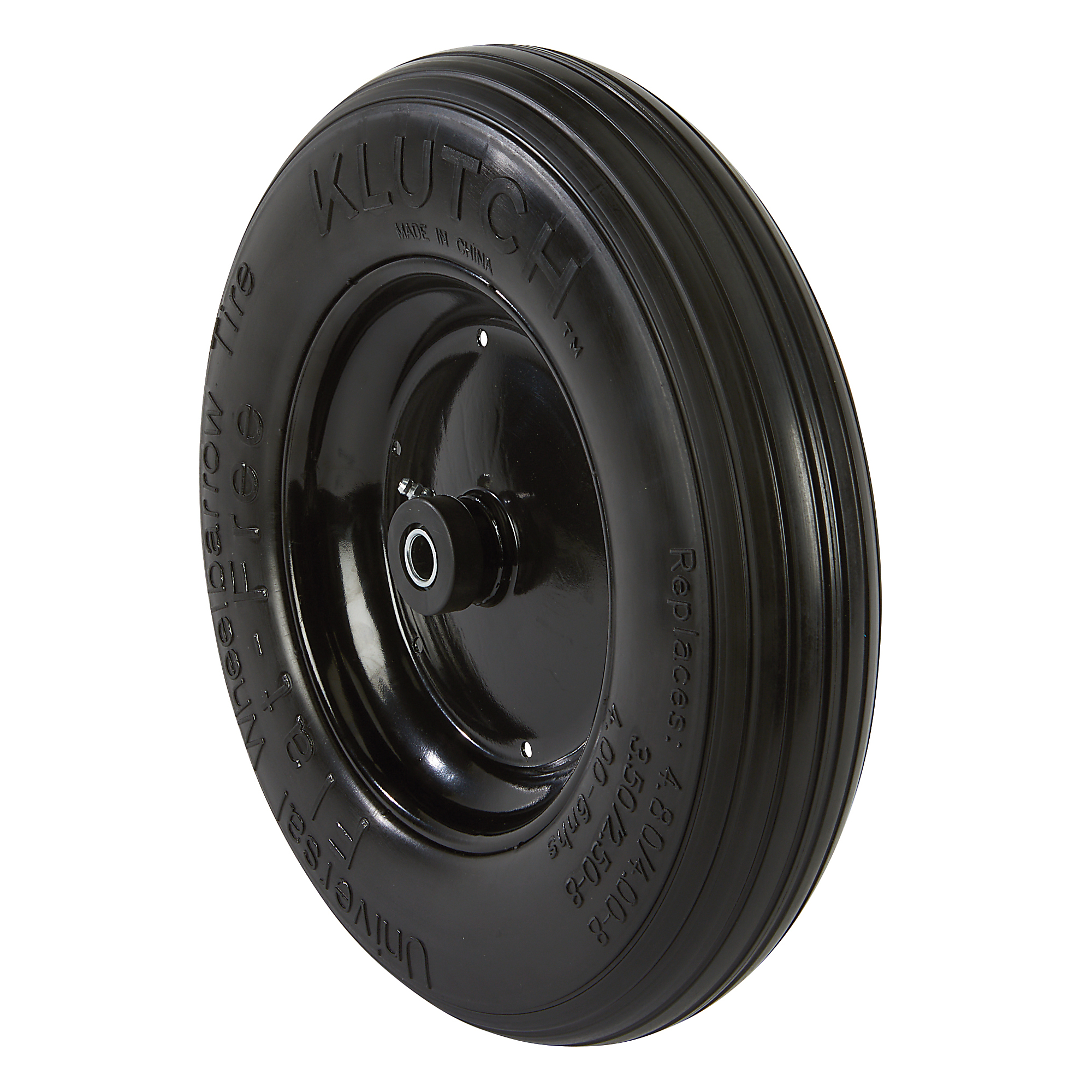 Klutch Flat-Free Universal Wheelbarrow Tire Assembly, 14/3.25-8, Ribbed Tread