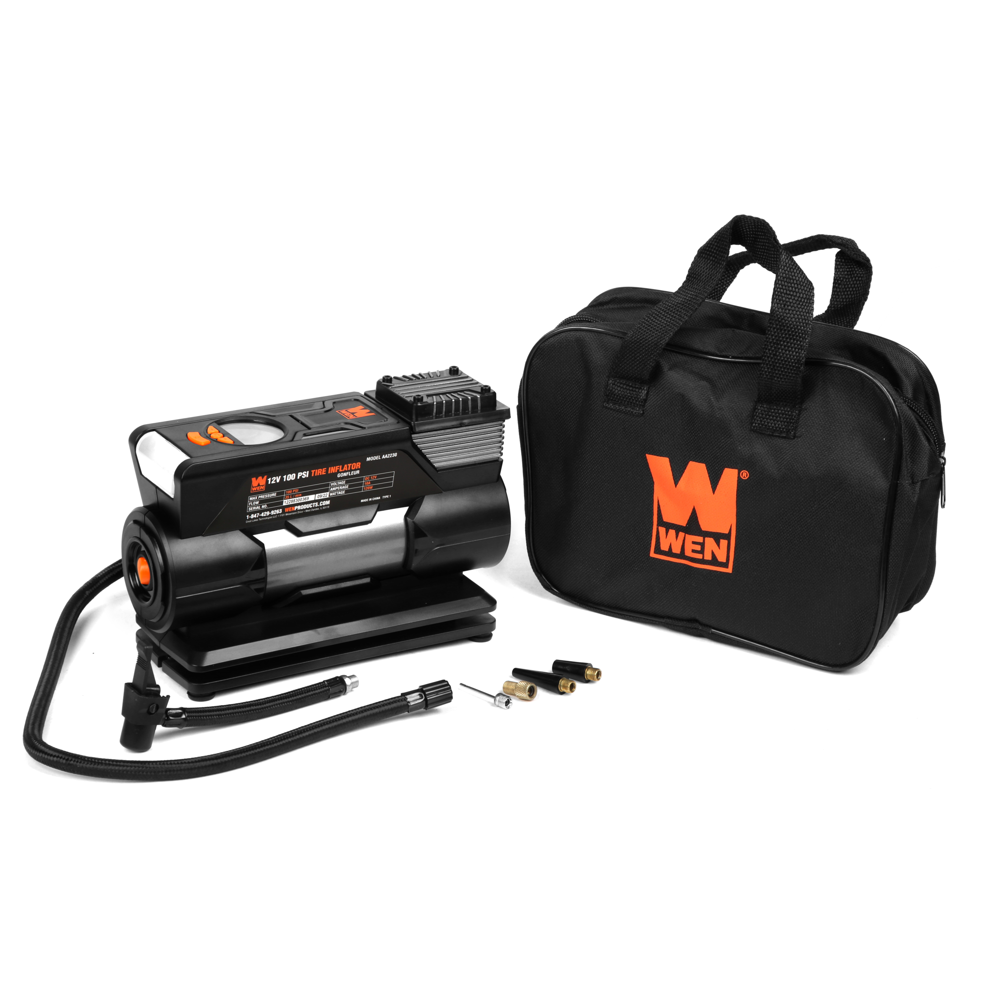 WEN Portable Air Compressor - 12V, 100 PSI, 1.25 CFM, Digital Gauge, LED Light, Model# AA2230