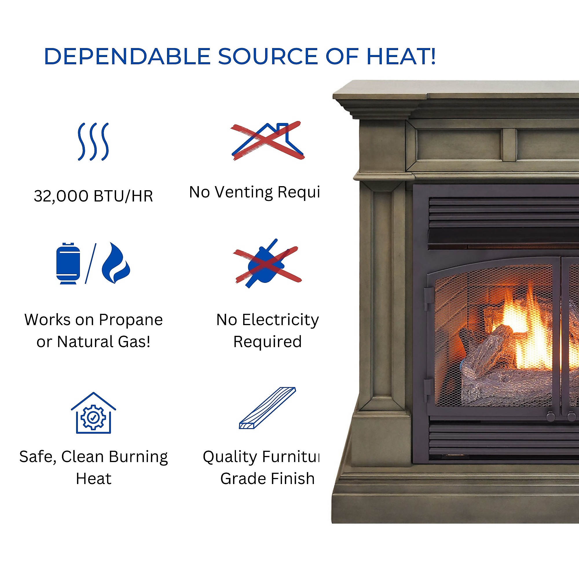 Bluegrass Living, Ventless Gas Fireplace - 32000 BTU, Remote Cont, Heat