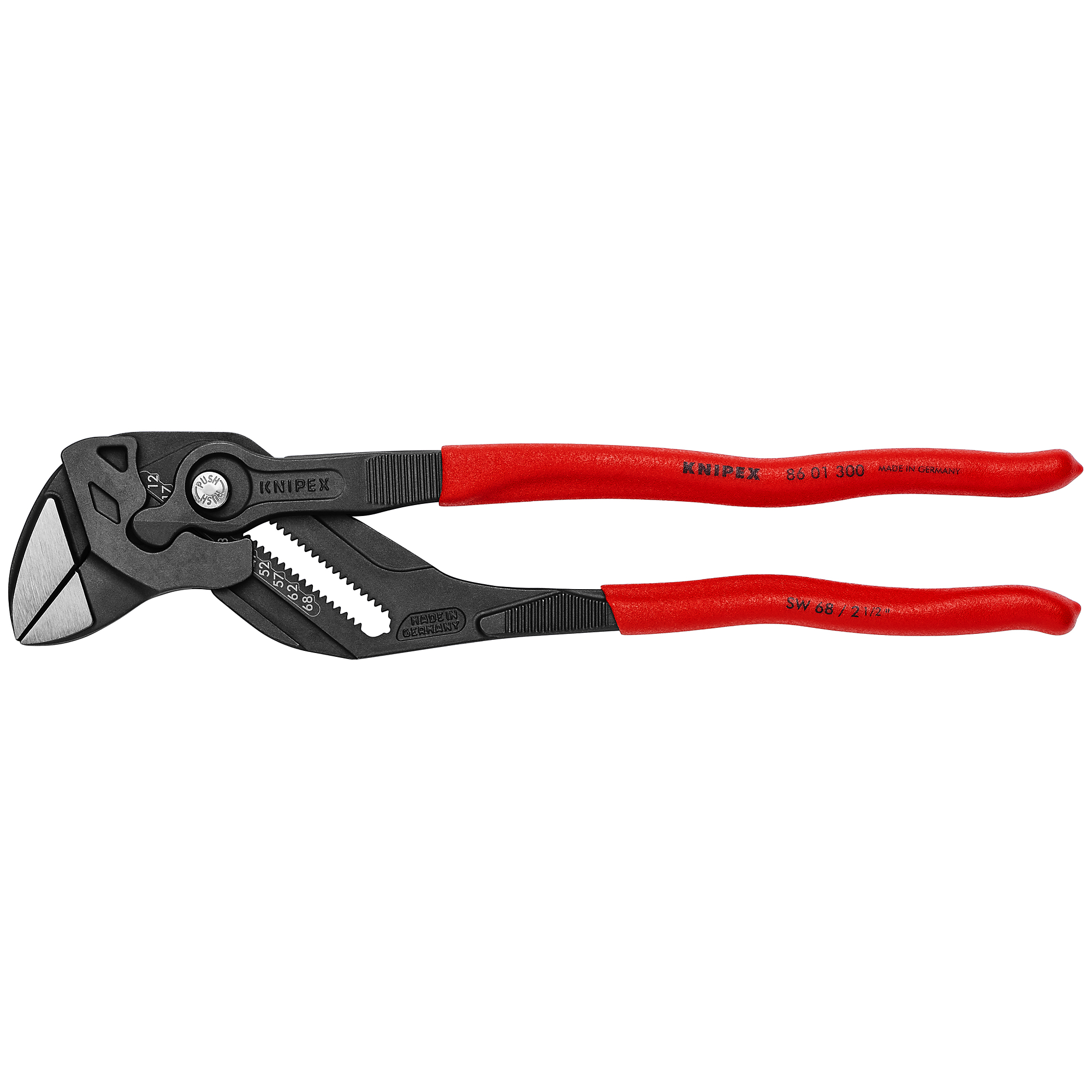 KNIPEX, Pliers Wrench, Non-slip plastic, Bulk, 12in., Pieces (qty.) 1 Material Steel, Jaw Capacity 2.5 in, Model# 86 01 300