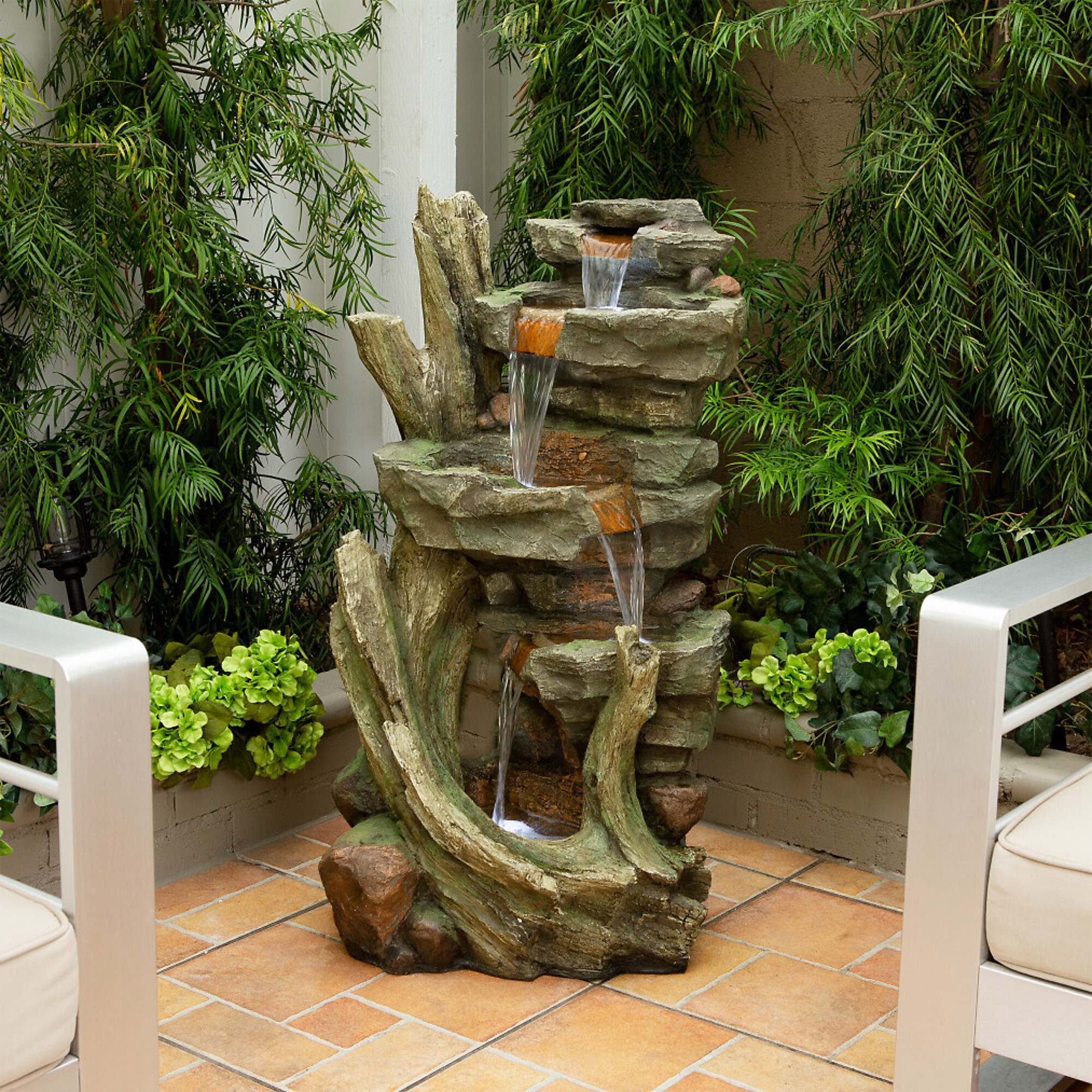 Alpine Corporation, Cascading Stone Tower Fountain w/ Cool Wt. LED Lts ...