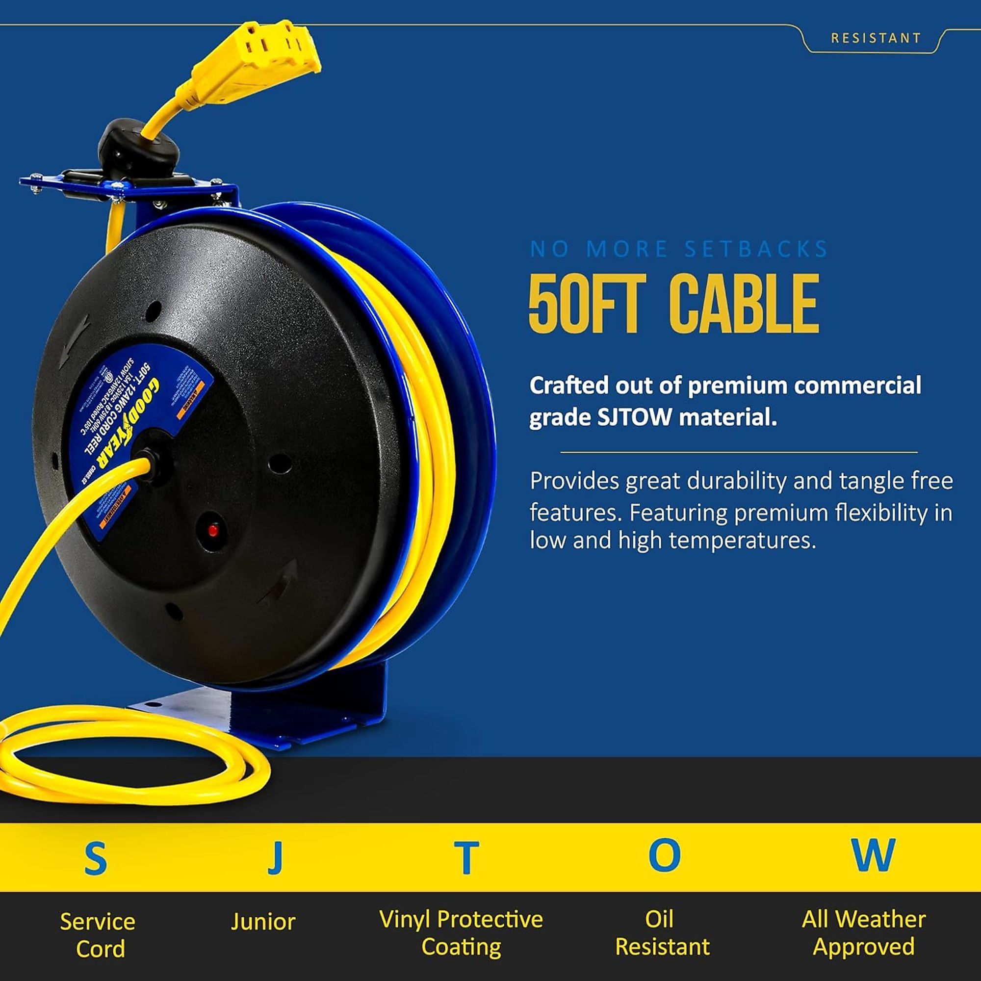 Goodyear, Retractable Extension Cord Reel 12AWGx50ft., Length 50