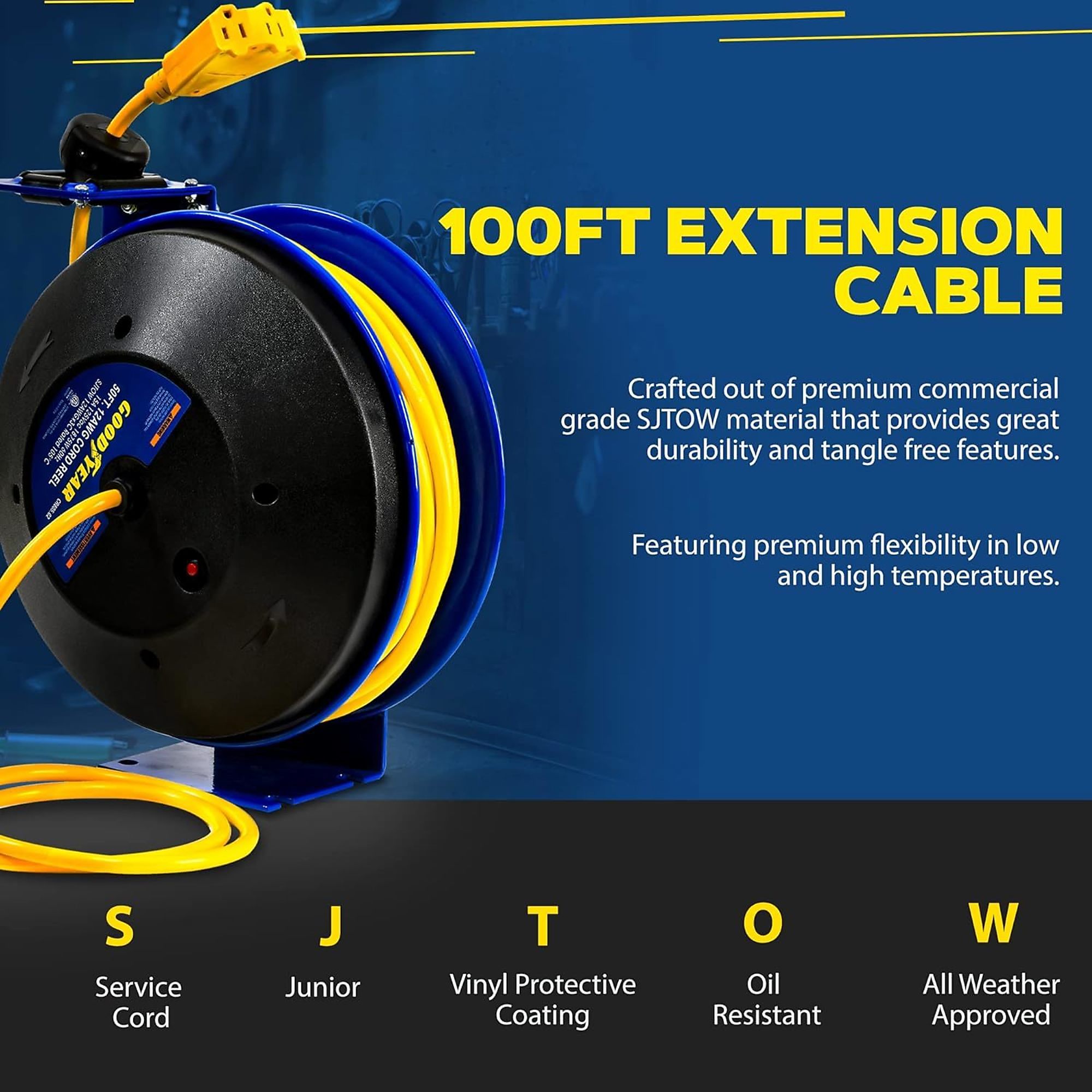 Goodyear, Retractable Extension Cord Reel 14AWGx100ft., Length 100