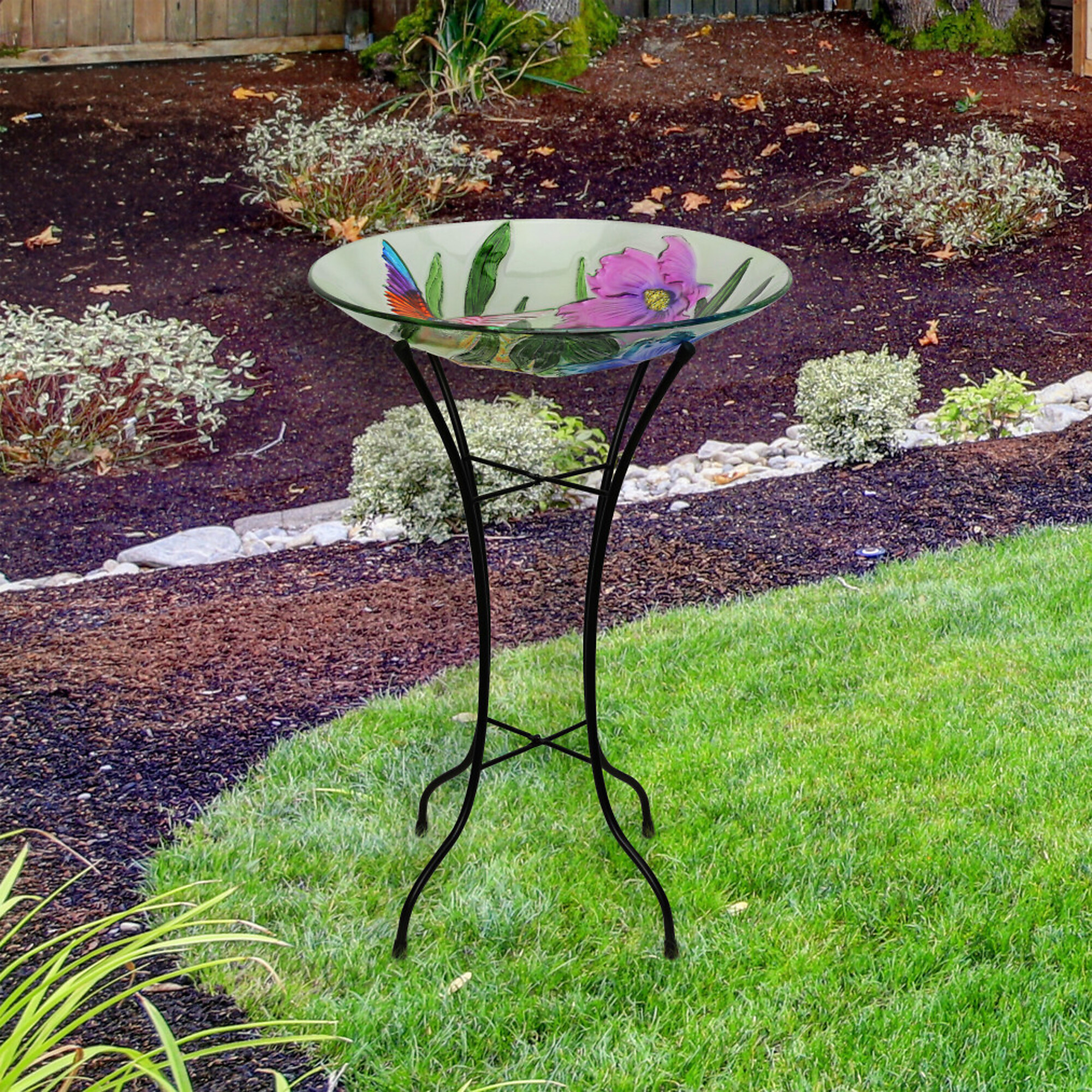 Alpine Corporation, Glass Birdbath w/ Colorful Flowers w/ MtlStand,18in