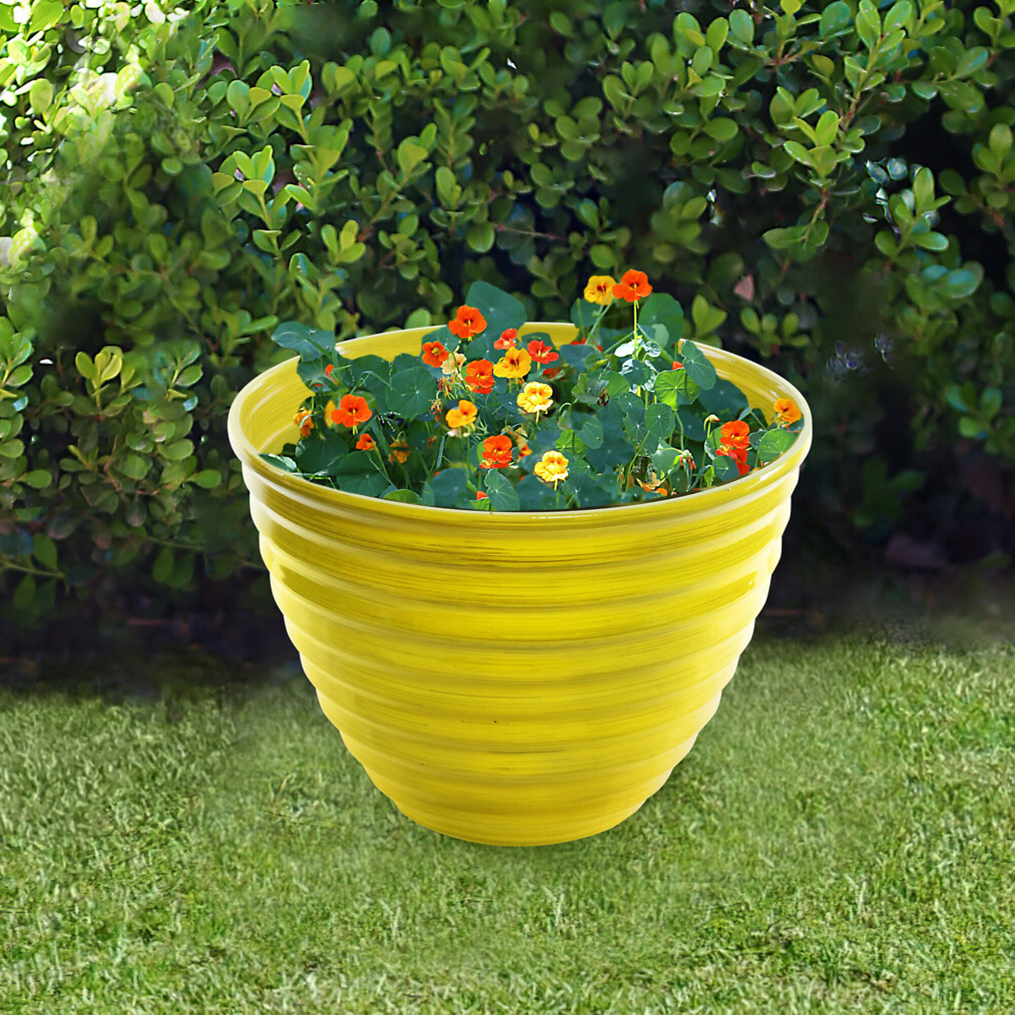 Alpine Corporation, Ribbed Plastic Planter,12in. Yellow, Container Length 12 in, Container Width 12 in, Material Plastic, Model# TWM116HH-S-YL