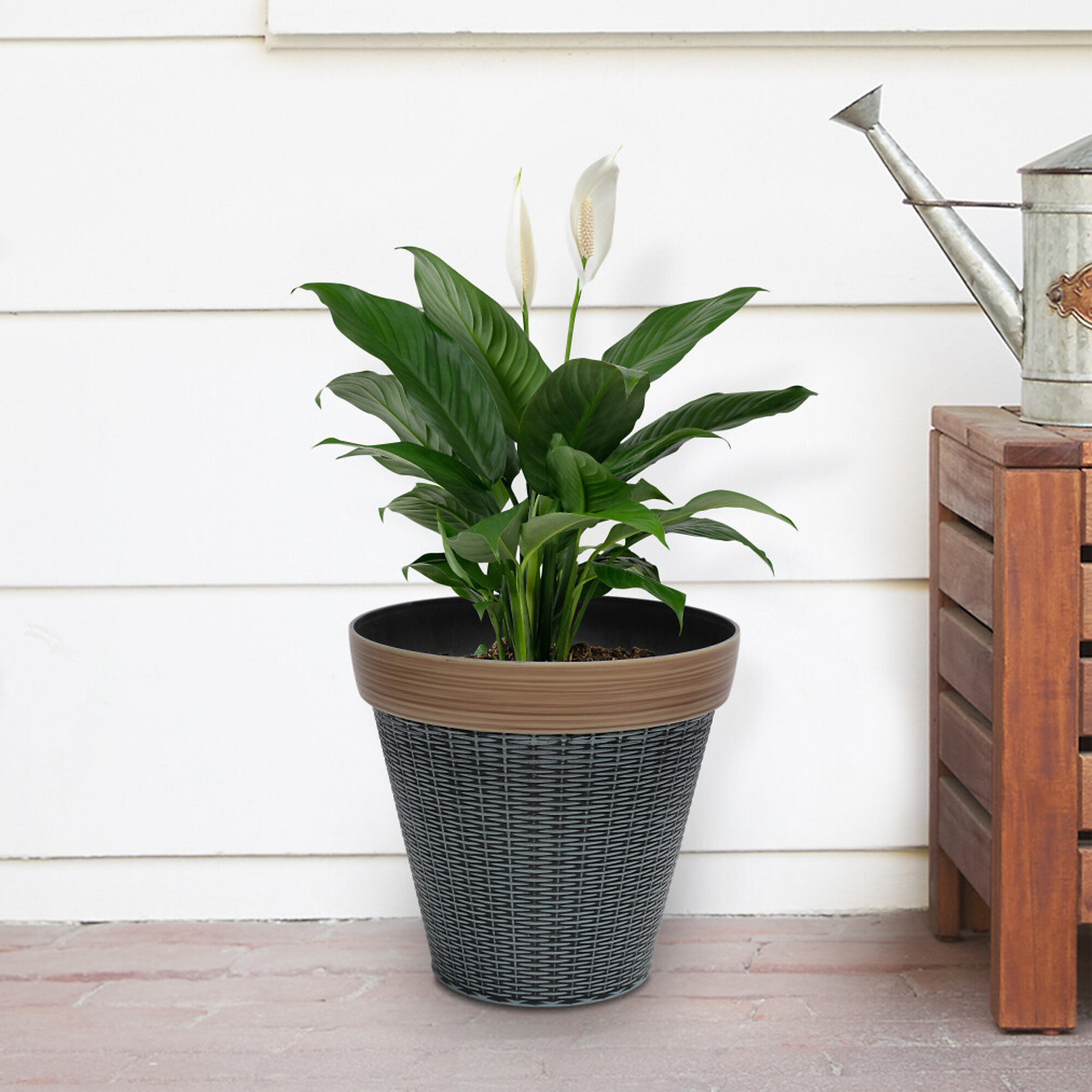Alpine Corporation, Gray/Tan Woven Style Planter w/ Drainage Hole-Lrge, Container Length 12 in, Container Width 12 in, Material Polypropylene, Model# TWM128L-GR