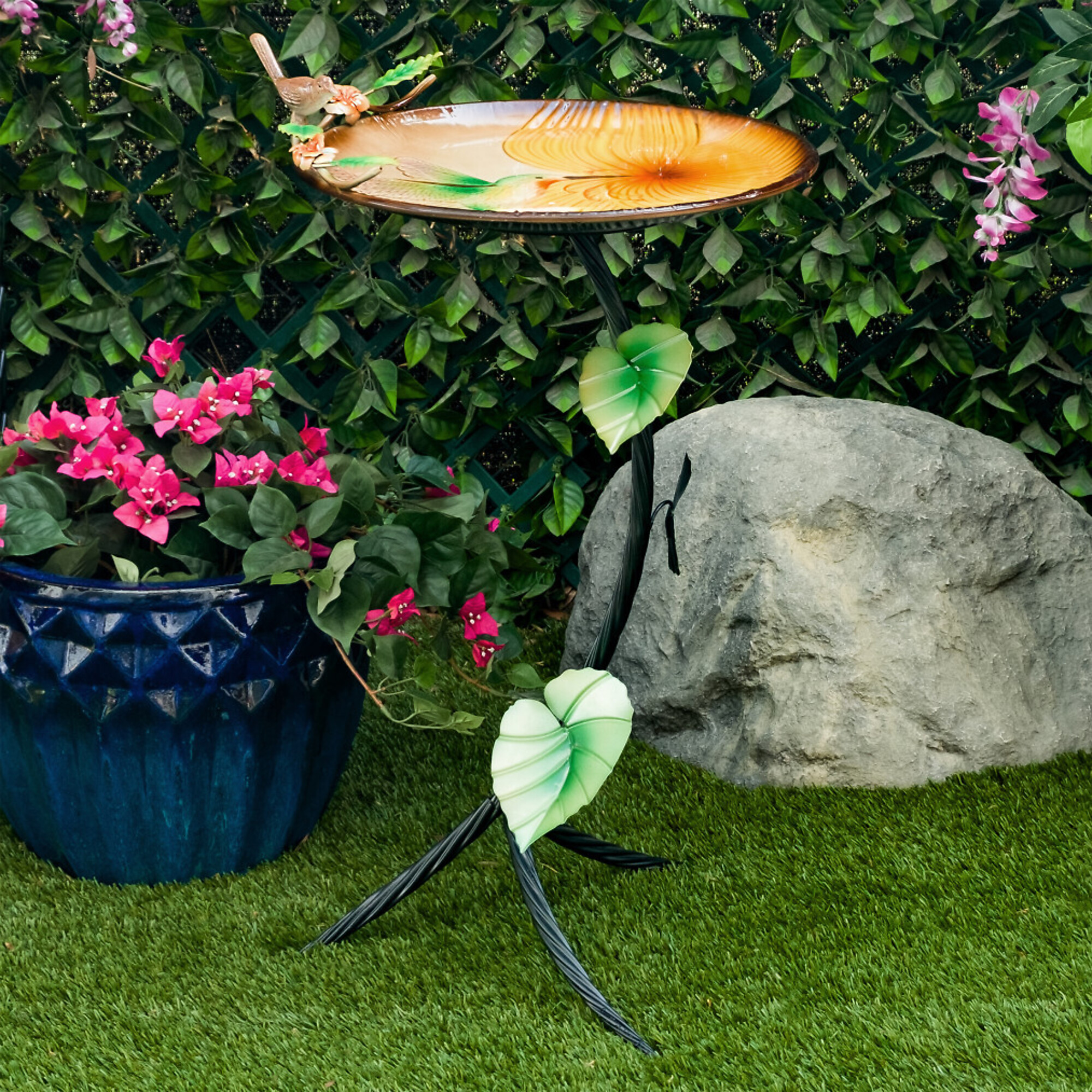 Alpine Corporation, Metal Birdbath with Hummingbird and Branch Stand