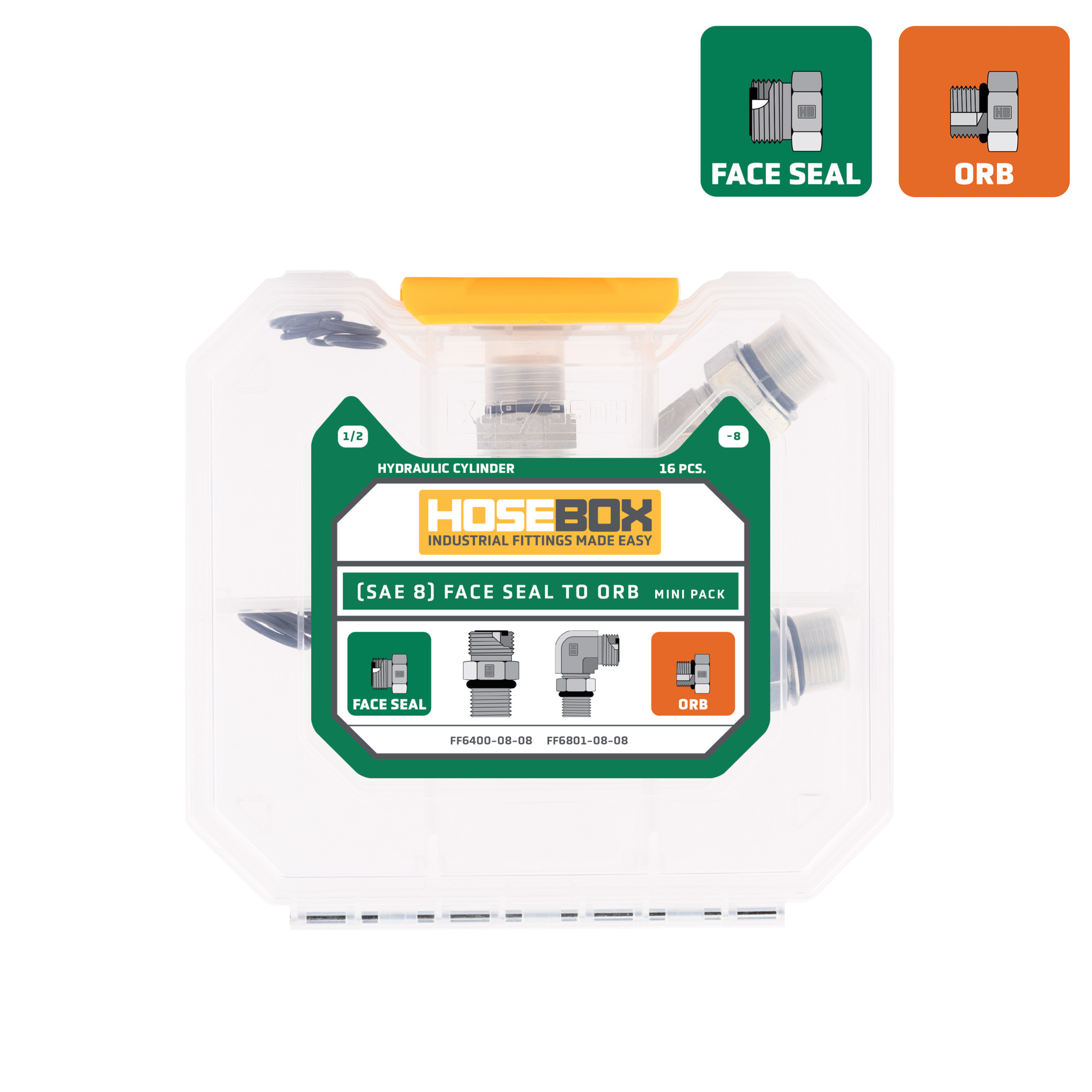 HoseBox, (SAE 8) ORFS-ORB Mini Pack-4 Adapters-12 O-rings, Fitting Size Other in, Model# HBE2002-006