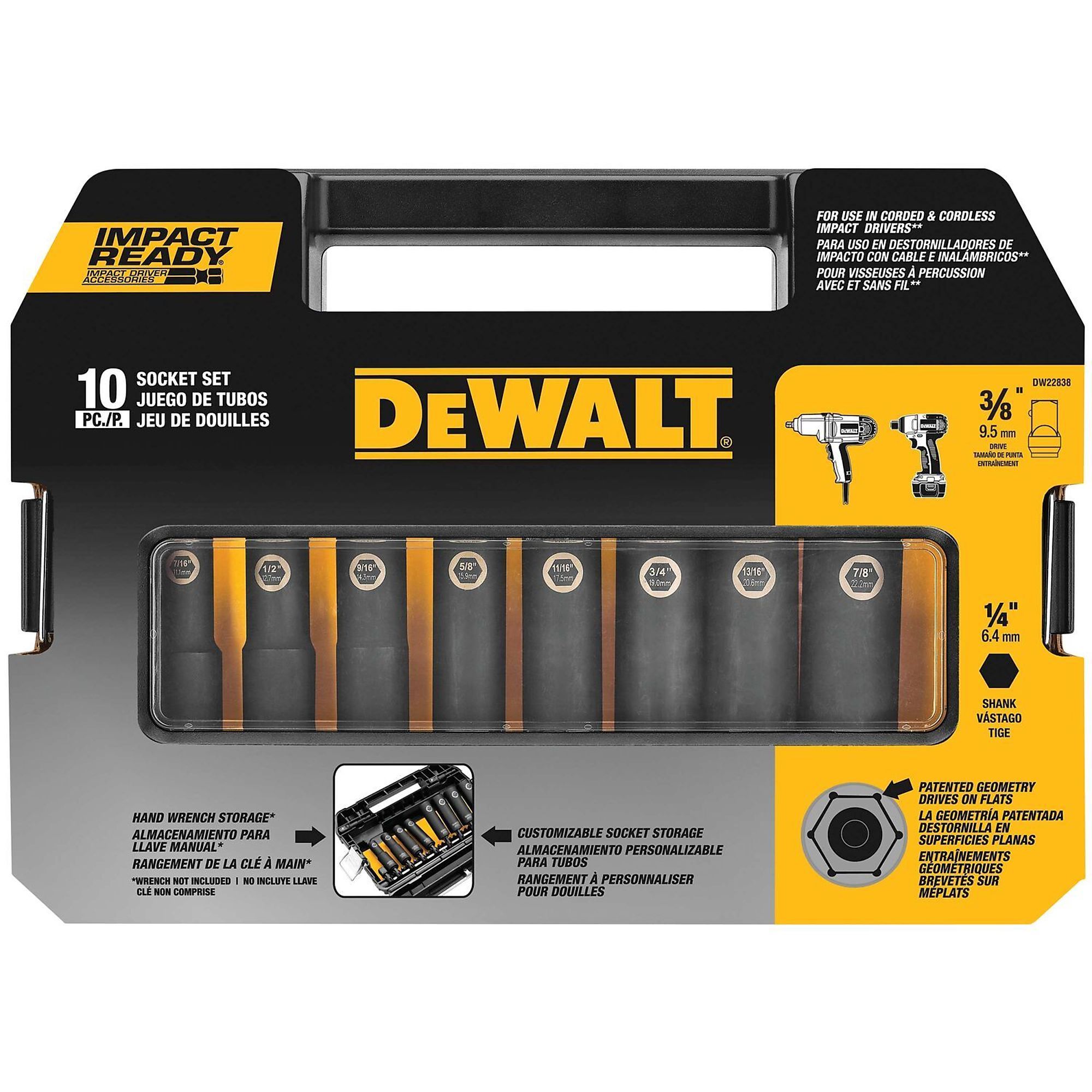 DEWALT, Impact Socket Set, SAE, 3/8in., 10-Piece, Pieces (qty.) 10 Model# DW22838