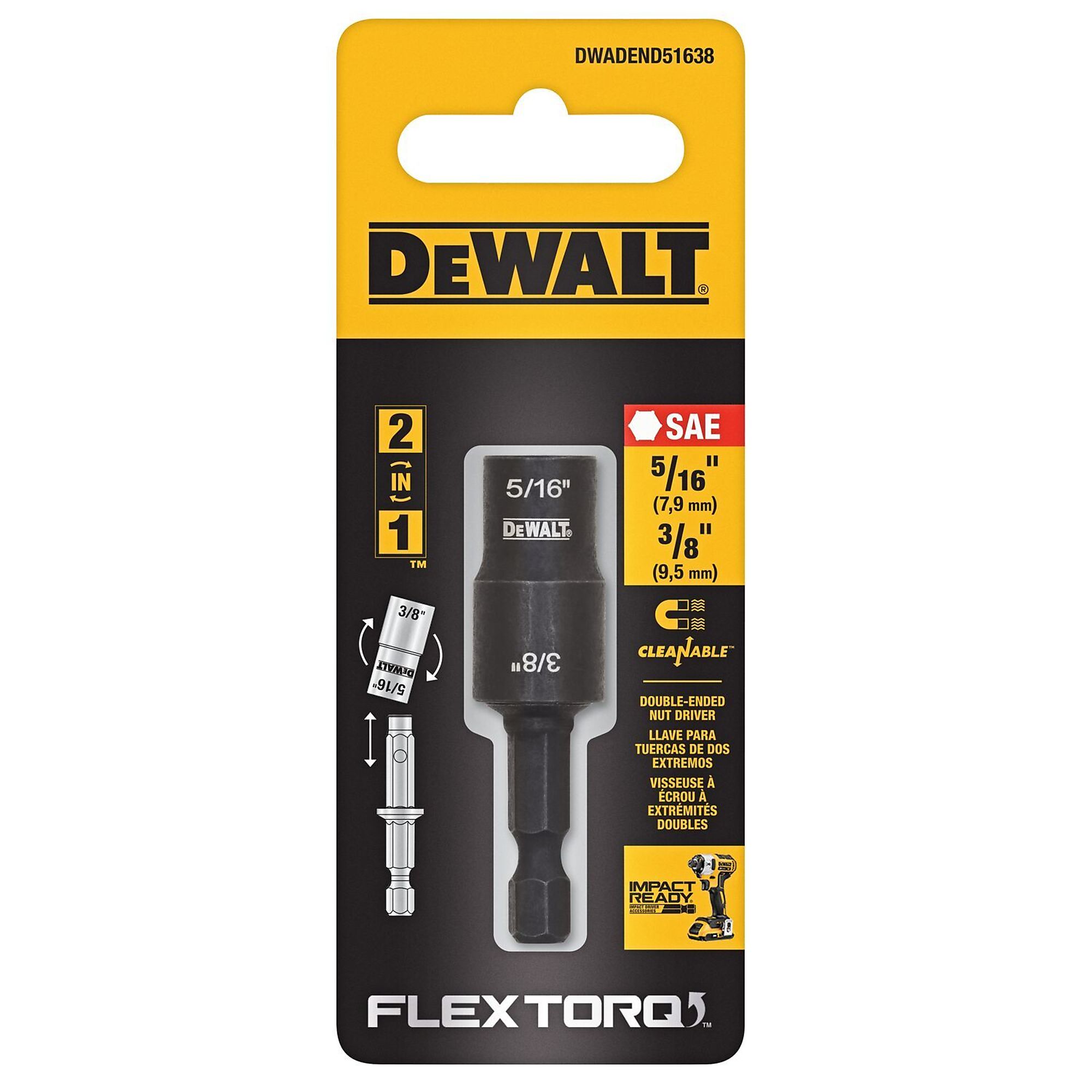 DEWALT, 5/16in. + 3/8in. Reversible Nut Driver, Included (qty.) 1 Model# DWADEND51638