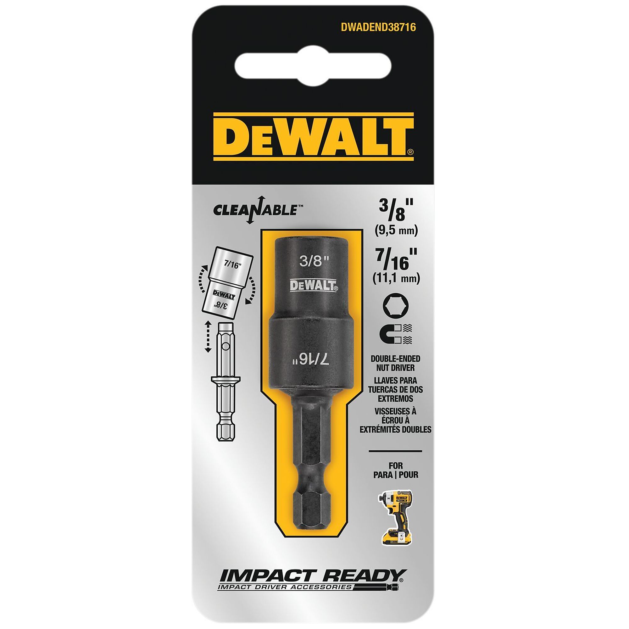 DEWALT, 3/8in. + 7/16in. Reversible Nut Driver, Included (qty.) 1 Model# DWADEND38716