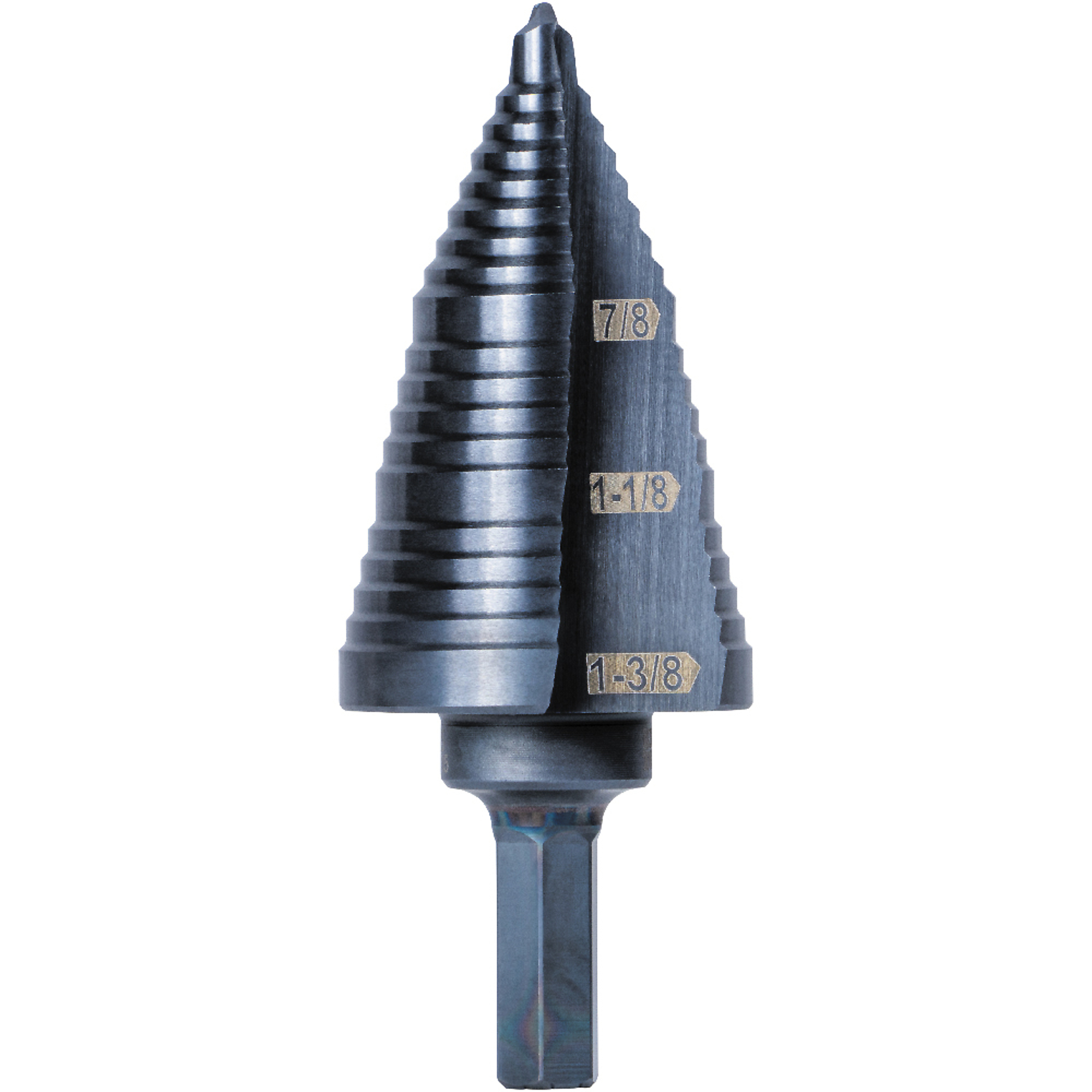 Klein Tools, 3-Step Drill Bit, 3/8in. Hex, Dble Straight Flute, Size (SAE) Multiple in, Included (qty.) 1 Model# KTSB15