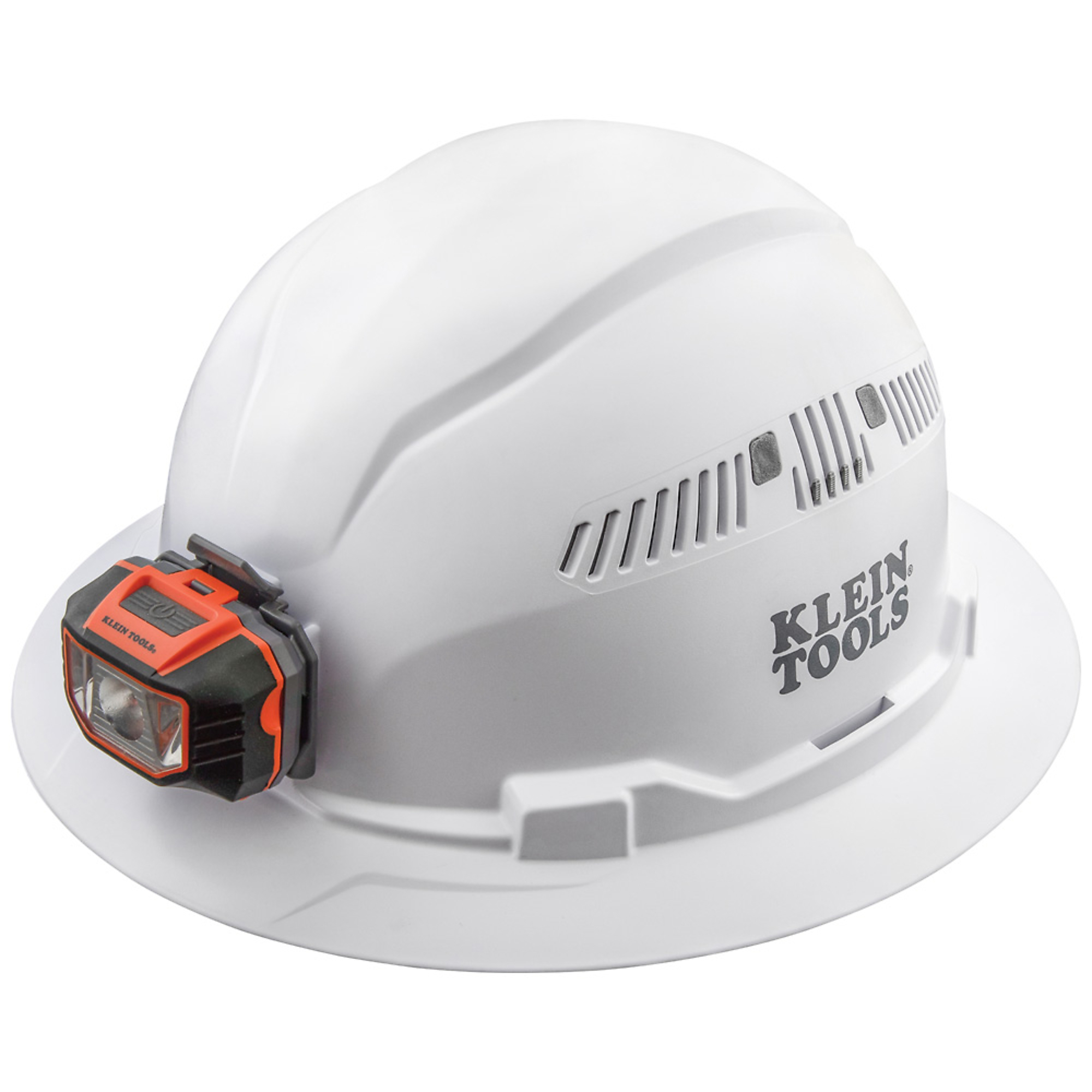 Klein Tools, Hard Hat, Full Brim w/ Headlamp, Hard Hat Light, Vented, One Size, White, Personal Protective Equipment, Model# 60407
