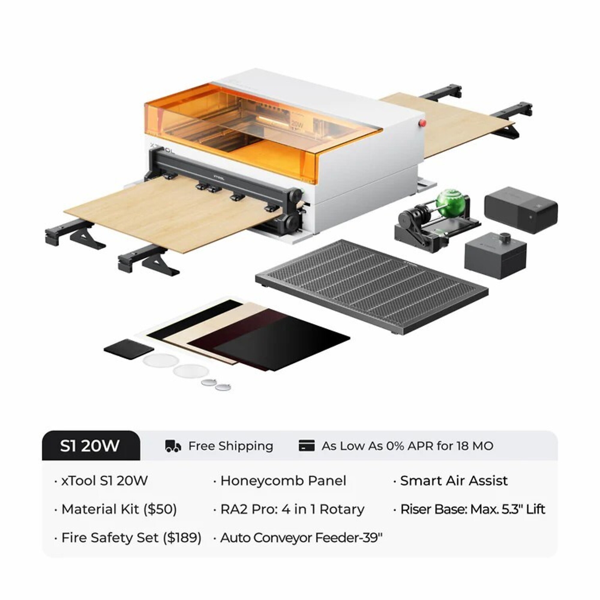 xTool, Laser Cutter and Engraver S1 20w, 600mm/s,, Working Width 25.98 in, Working Length 33.86 in, Laser Power 20 W, Model# xTool S1 20W Deluxe Bundle