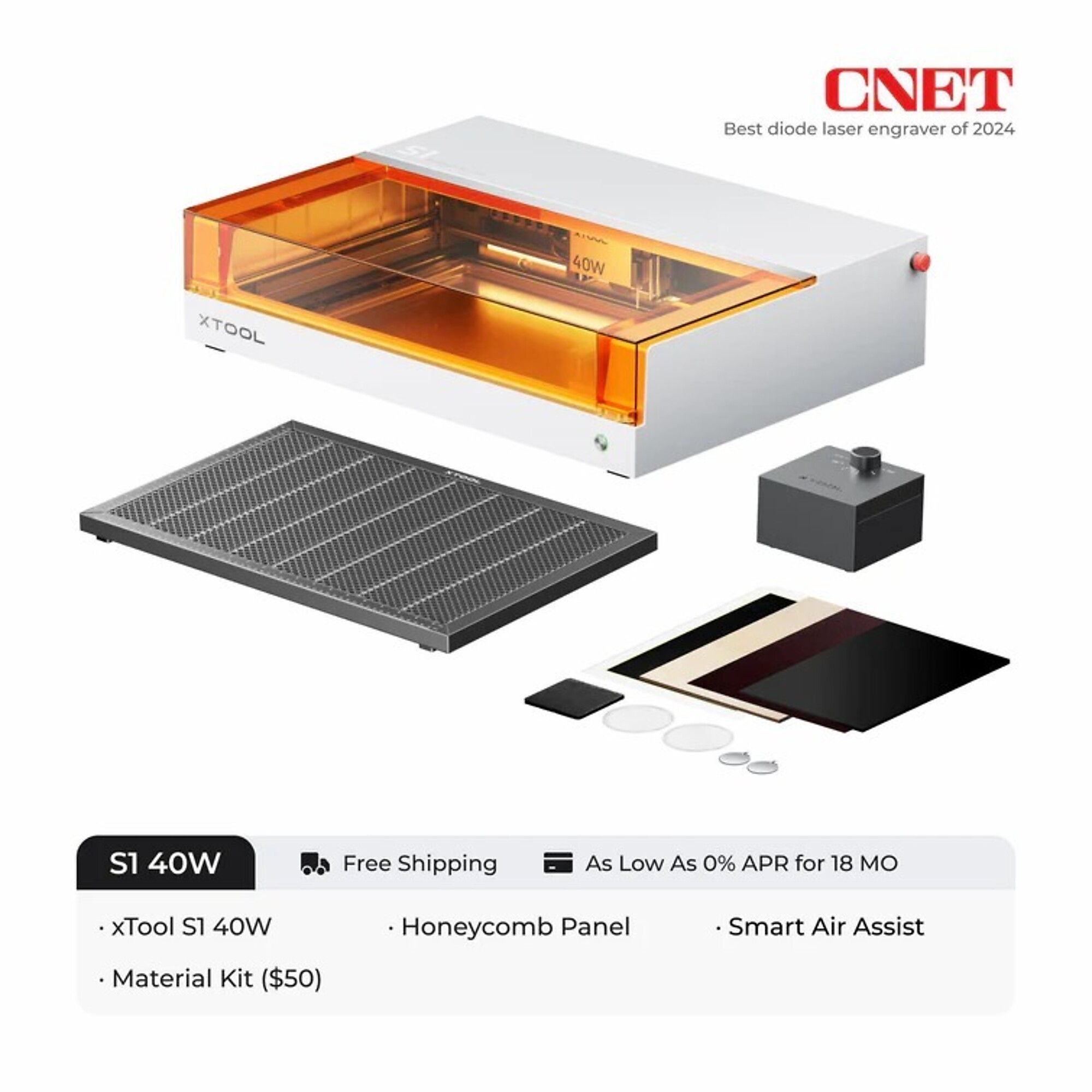 xTool, Laser Cutter and Engraver, 40w, 600mm/s,, Working Width 25.98 in, Working Length 33.86 in, Laser Power 40 W, Model# xTool S1 40W Rotary Bundle
