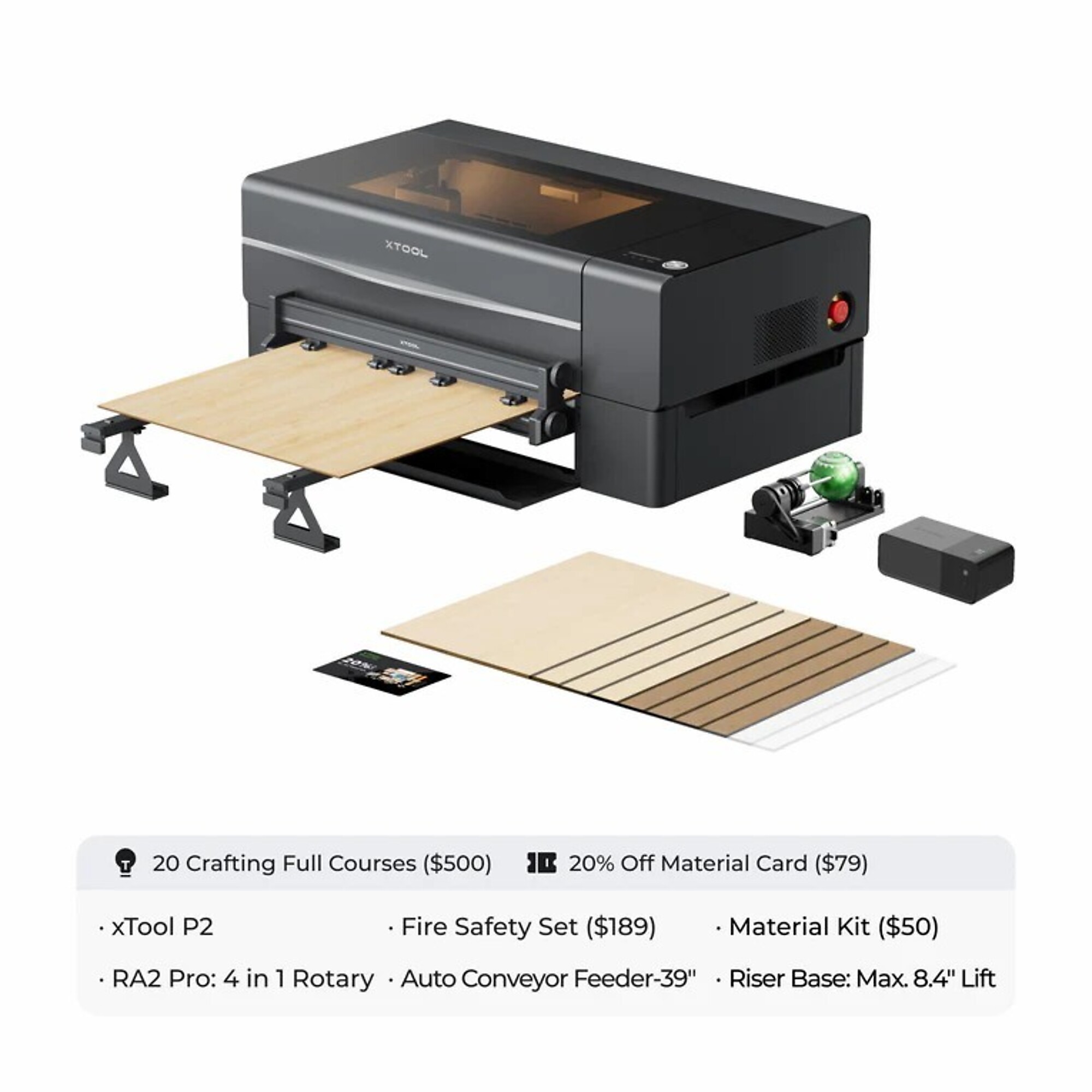 xTool, Laser Cutter and Engraver, 55w, 600mm/s, Working Width 29.13 in, Working Length 44.09 in, Laser Power 55 W, Model# xTool P2 Versatile Bundle