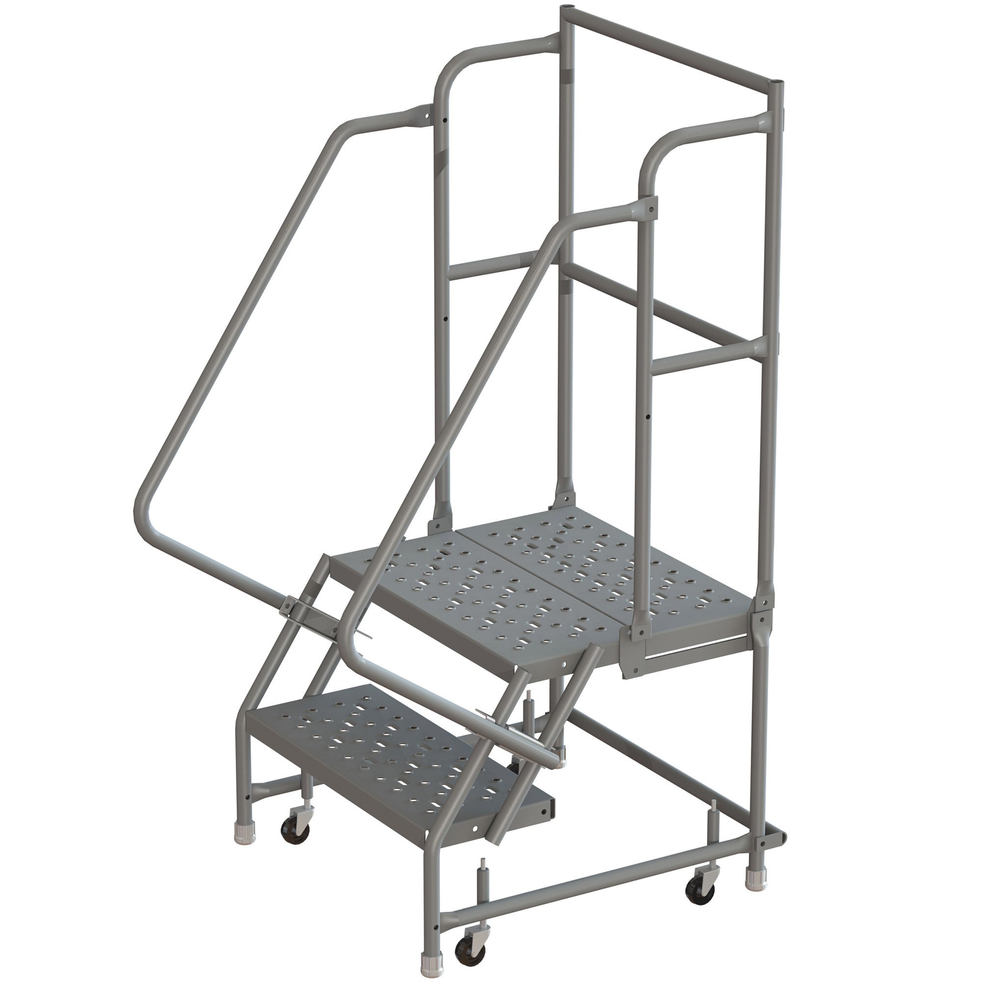 Tri-Arc Steel Rolling Ladder with Handrails, Guardrails and Perforated Steps — Gray, Spring-Loaded Casters