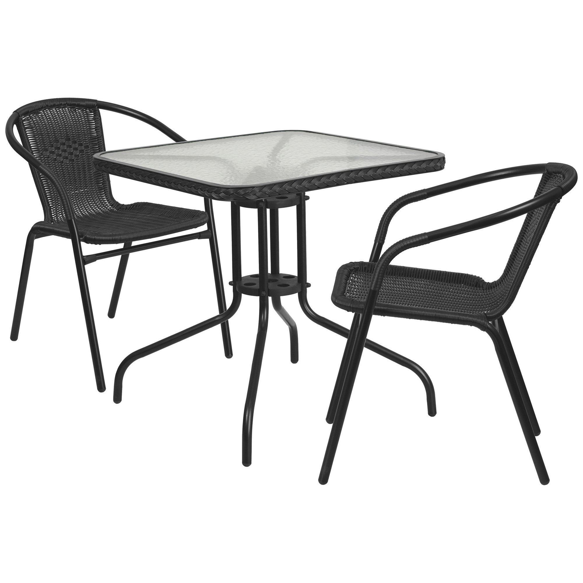 Flash Furniture 28in. Square Aluminum/Glass Table and 2-Pc. Rattan Chair Set
