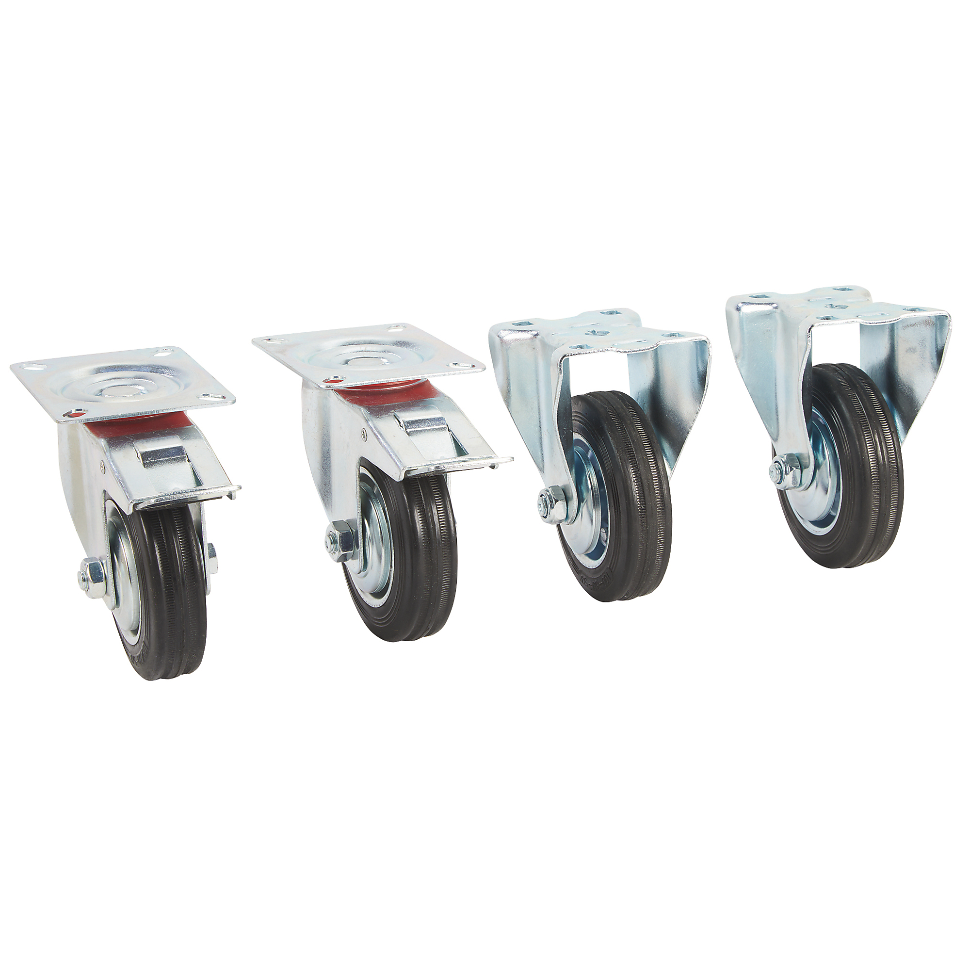 Klutch 4in. Swivel Casters and Rigid Casters with Brakes, 4-Pk., 650-Lb. Capacity Per Set