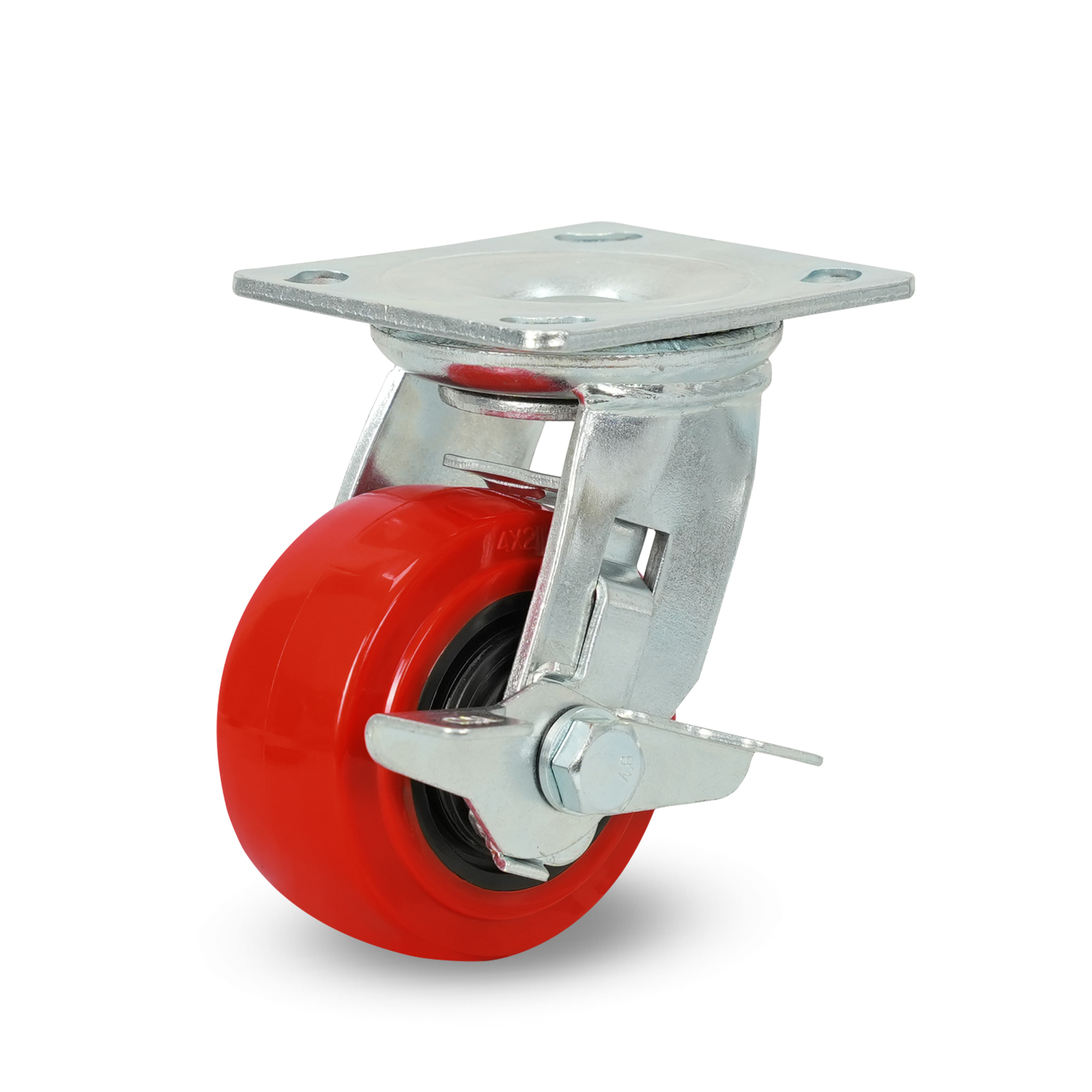 Klutch 4in. Polyurethane Swivel Caster with Brake, 550-Lb. Capacity, Red