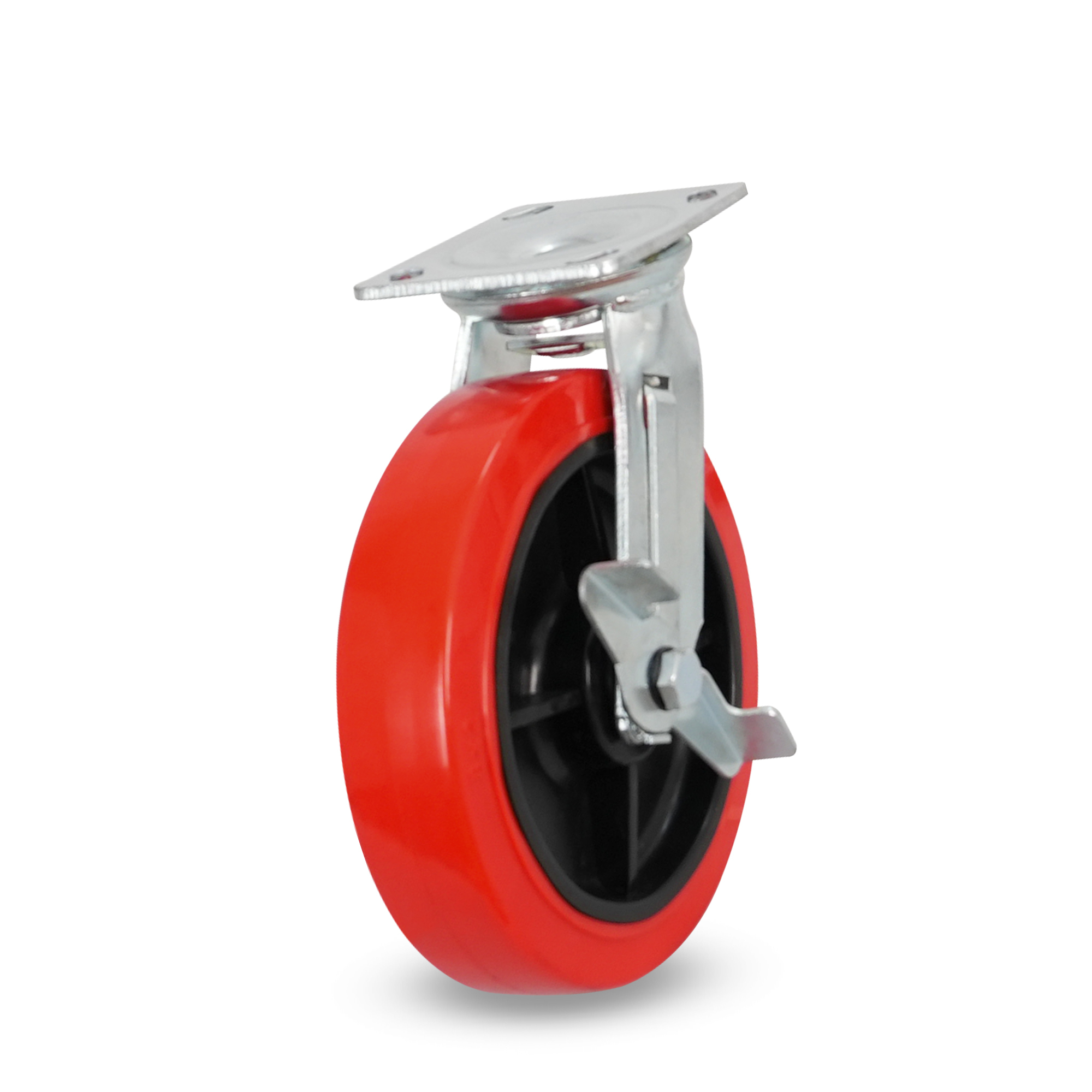 Klutch 8in. Polyurethane Swivel Caster with Brake, 880-Lb. Capacity, Red