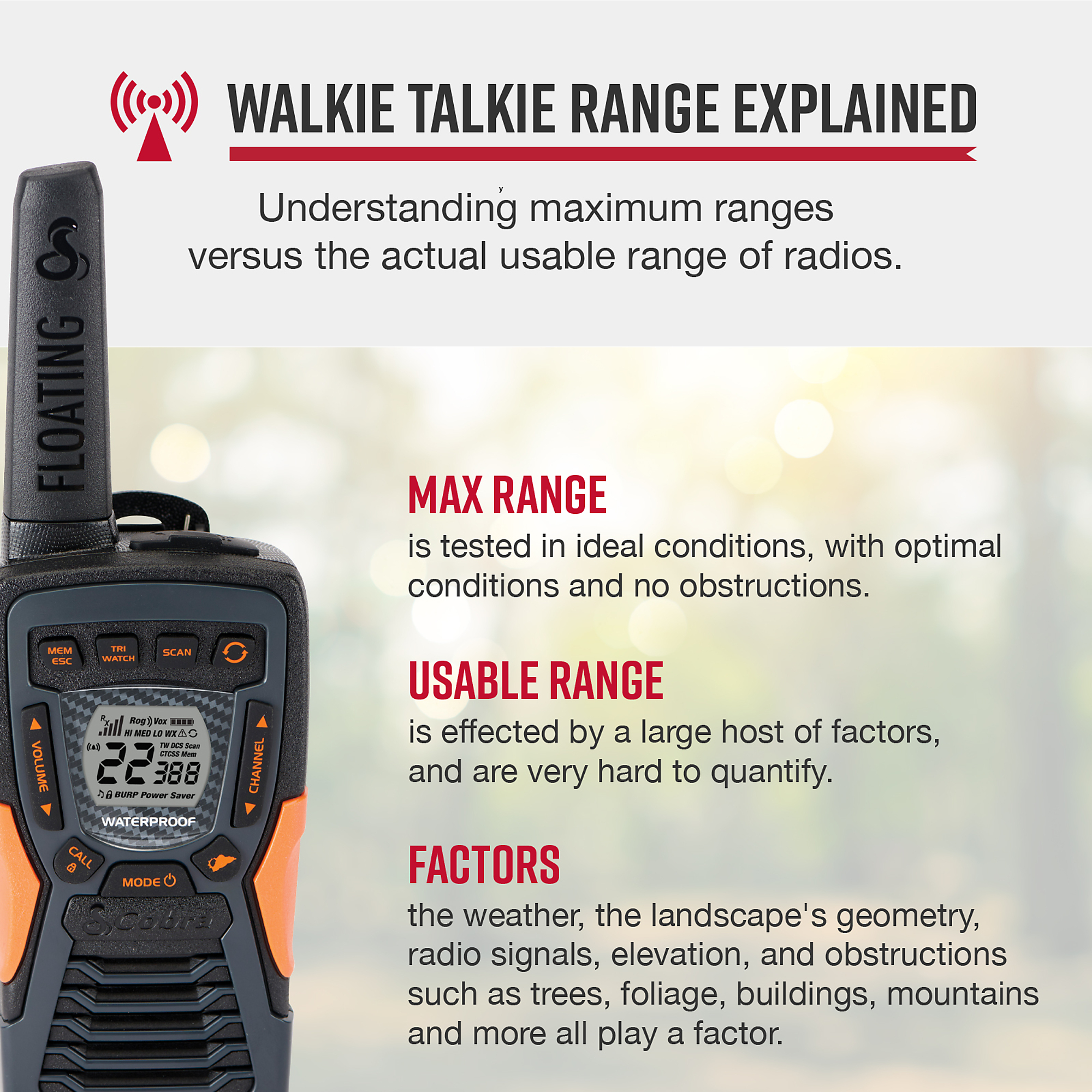 Cobra, 37-Mile, Rugged And Floating Two-Way Radio, 2 Pack, Range 37 mile, Channel (qty.) 22 Model# ACXT1035R FLT