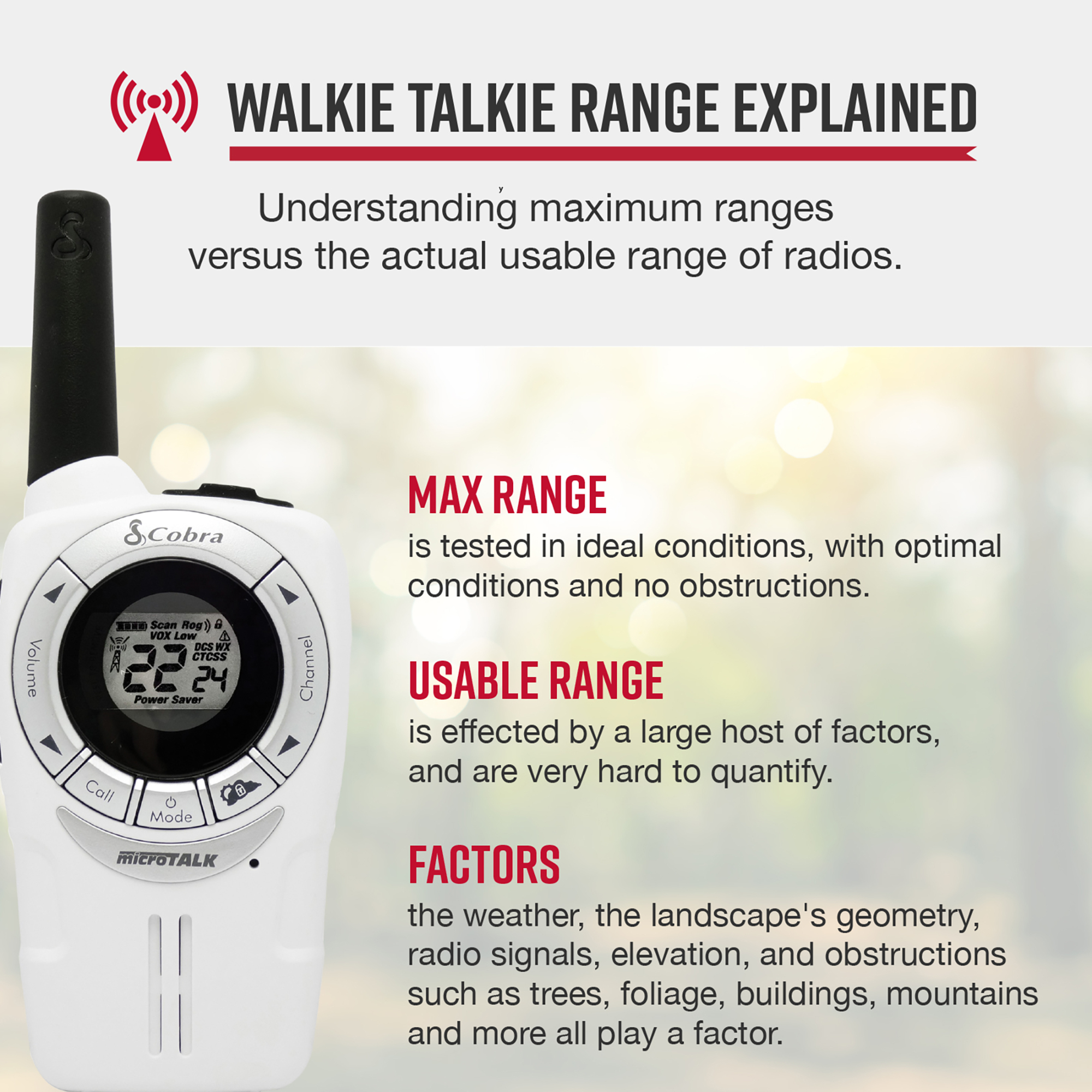 Cobra, 25 Mile Range Two-Way Radio, 3 Pack, Range 25 mile, Channel (qty.) 22 Model# ACXT360