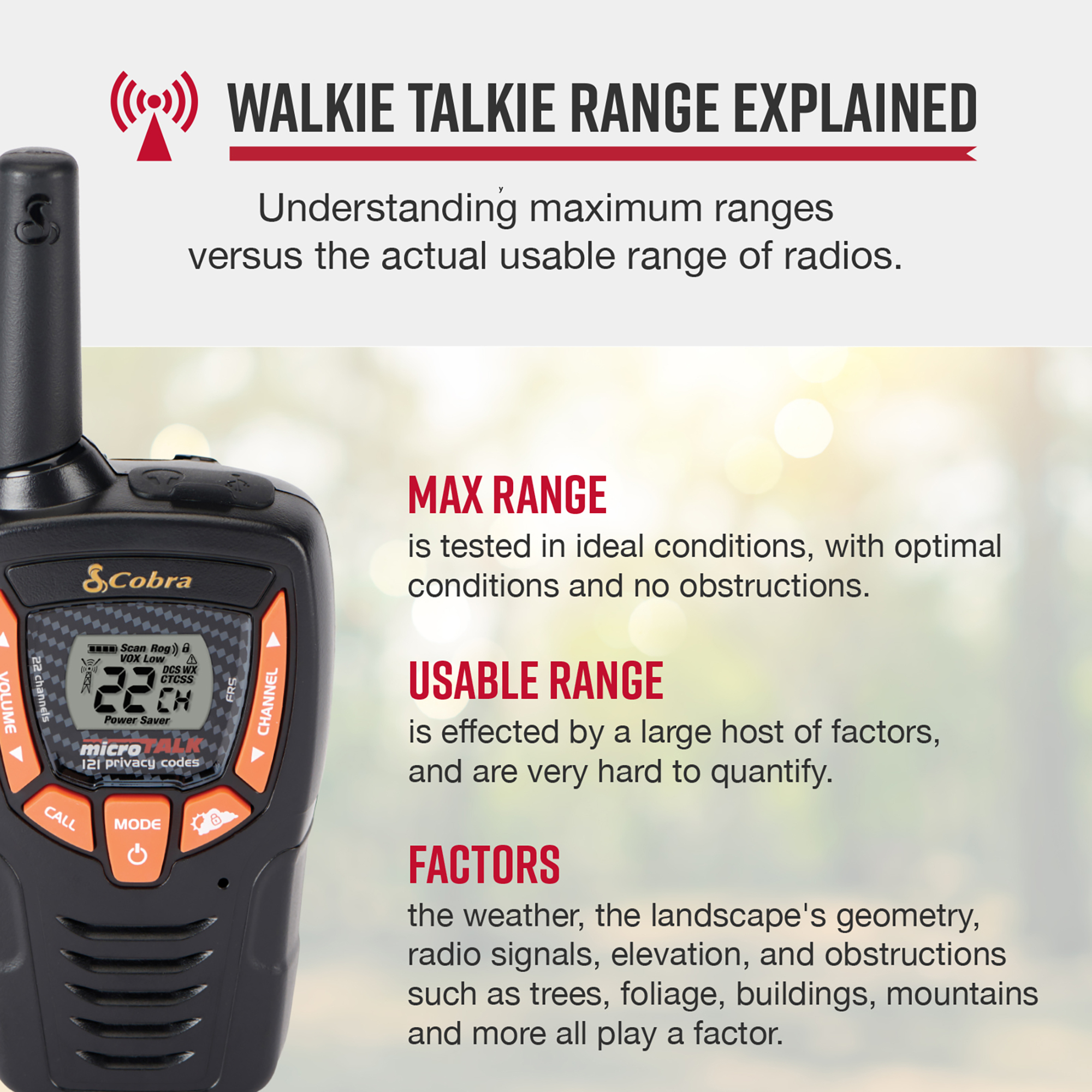 Cobra, 23-Mile Range Two-Way Radio, 2 Pack, Range 23 mile, Channel (qty.) 22 Model# ACXT390