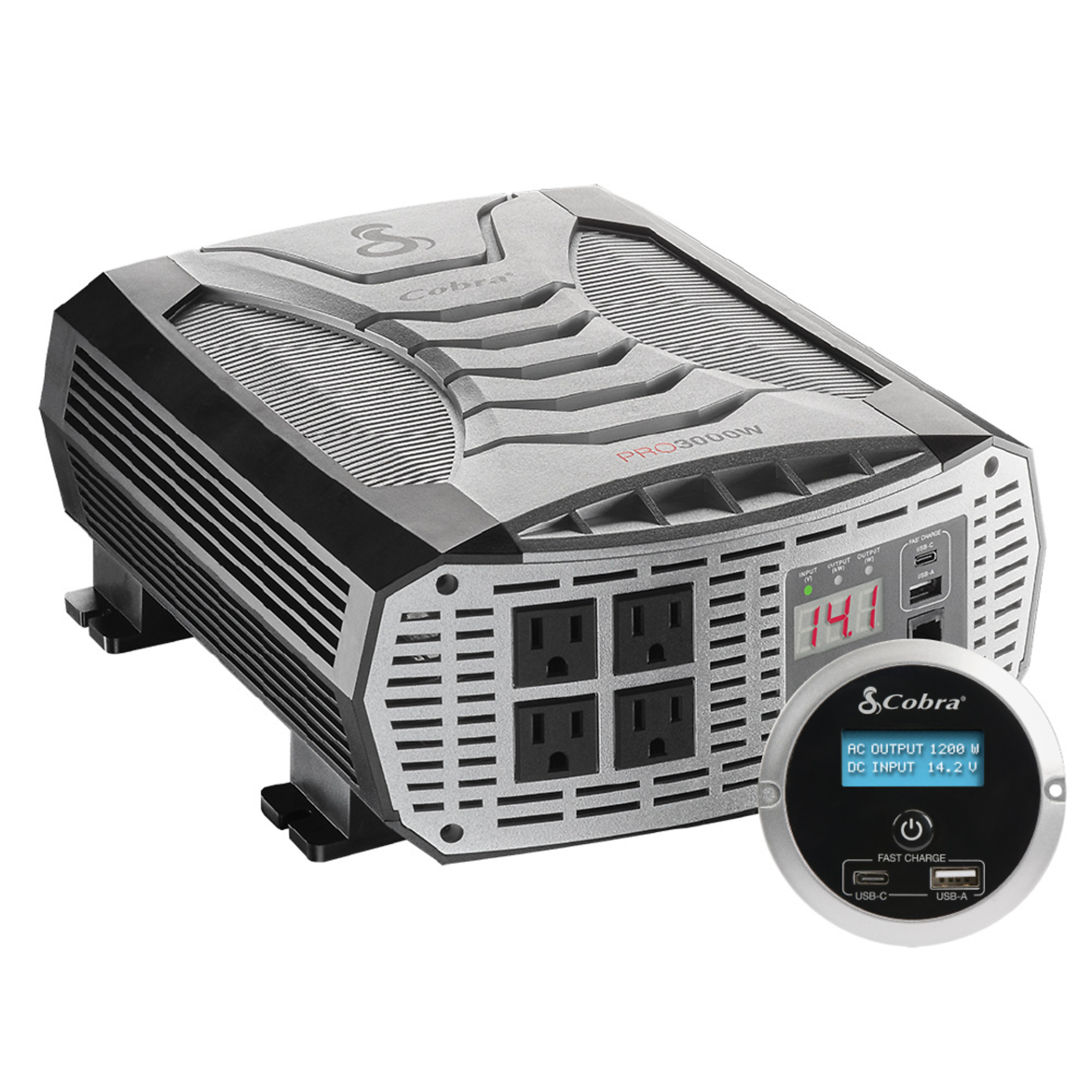 Cobra, 3000W Power Inverter with Remote, USB Ports (qty.) 4 AC Outlets (qty.) 4 Watts 3000 Model# CPI3000W