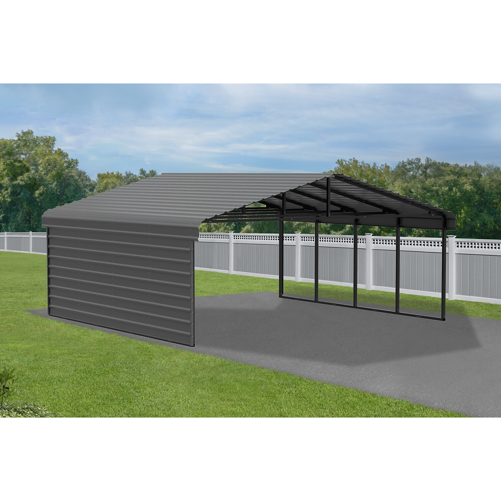 Arrow, Steel Carport w/ 1 Side Wall Kit 20x20x7 Width 243 in, Height 118 in, Cover Material Steel, Model# CPHC202007ECL1