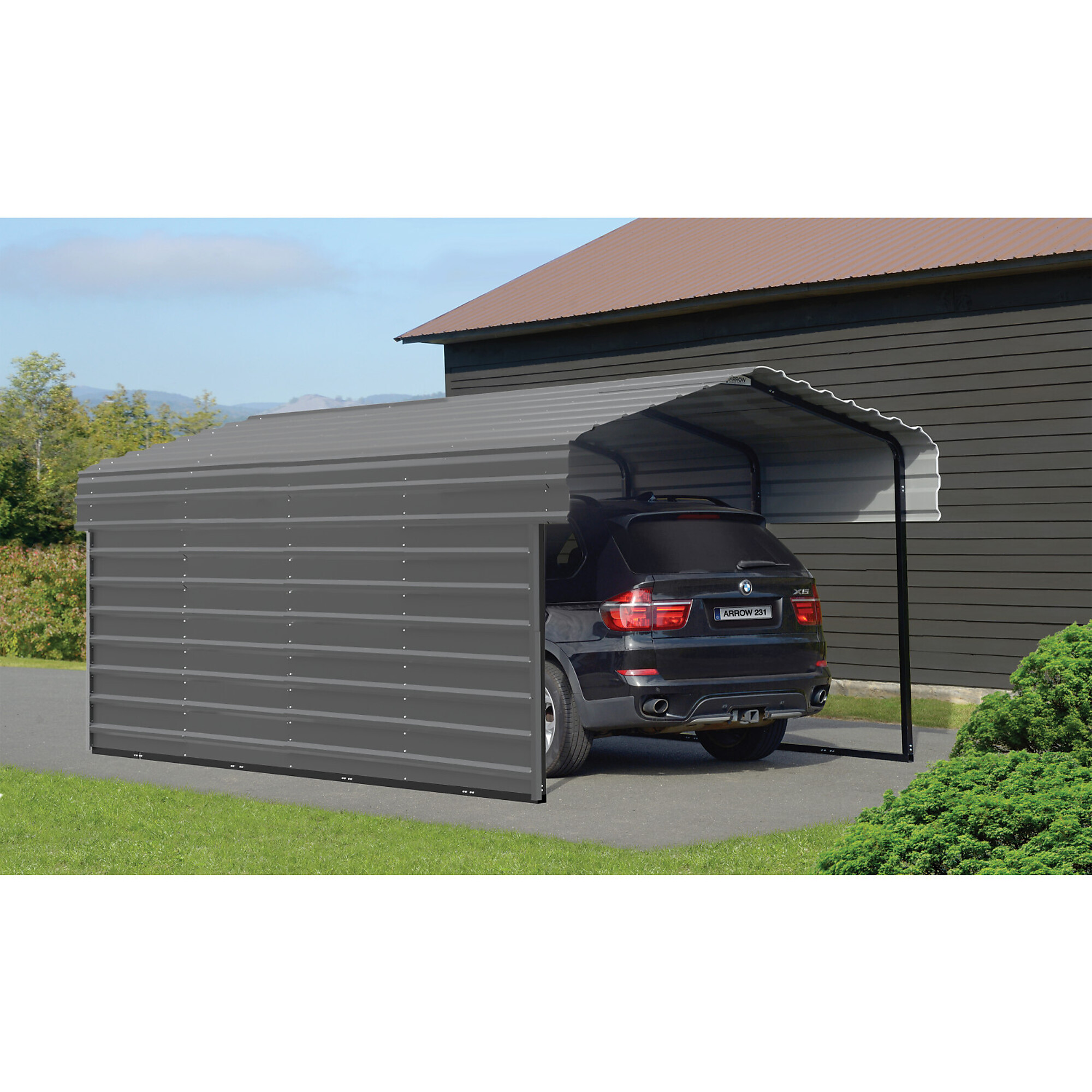 Arrow, Steel Carport w/ 1 Side Wall Kit 10X24X7 Width 120 in, Height 98.4 in, Cover Material Steel, Model# CPHC102407ECL1