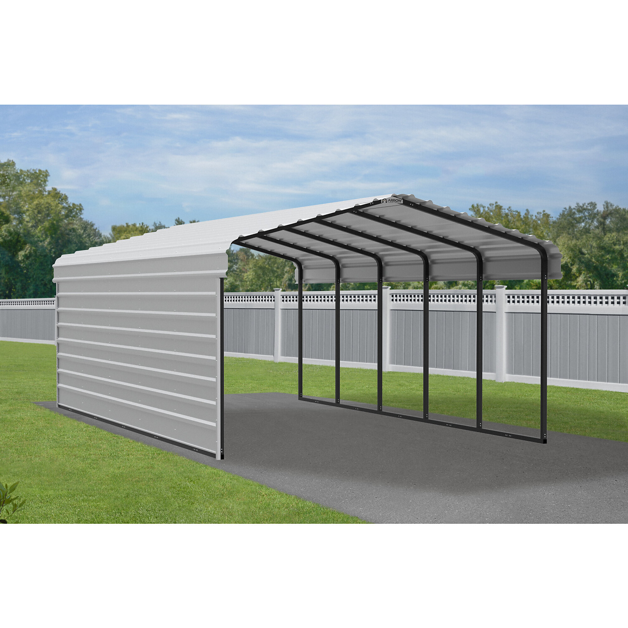 Arrow, Steel Carport w/ 1 Side Wall Kit 12X24X7 Width 146 in, Height 102 in, Cover Material Steel, Model# CPH122407ECL1