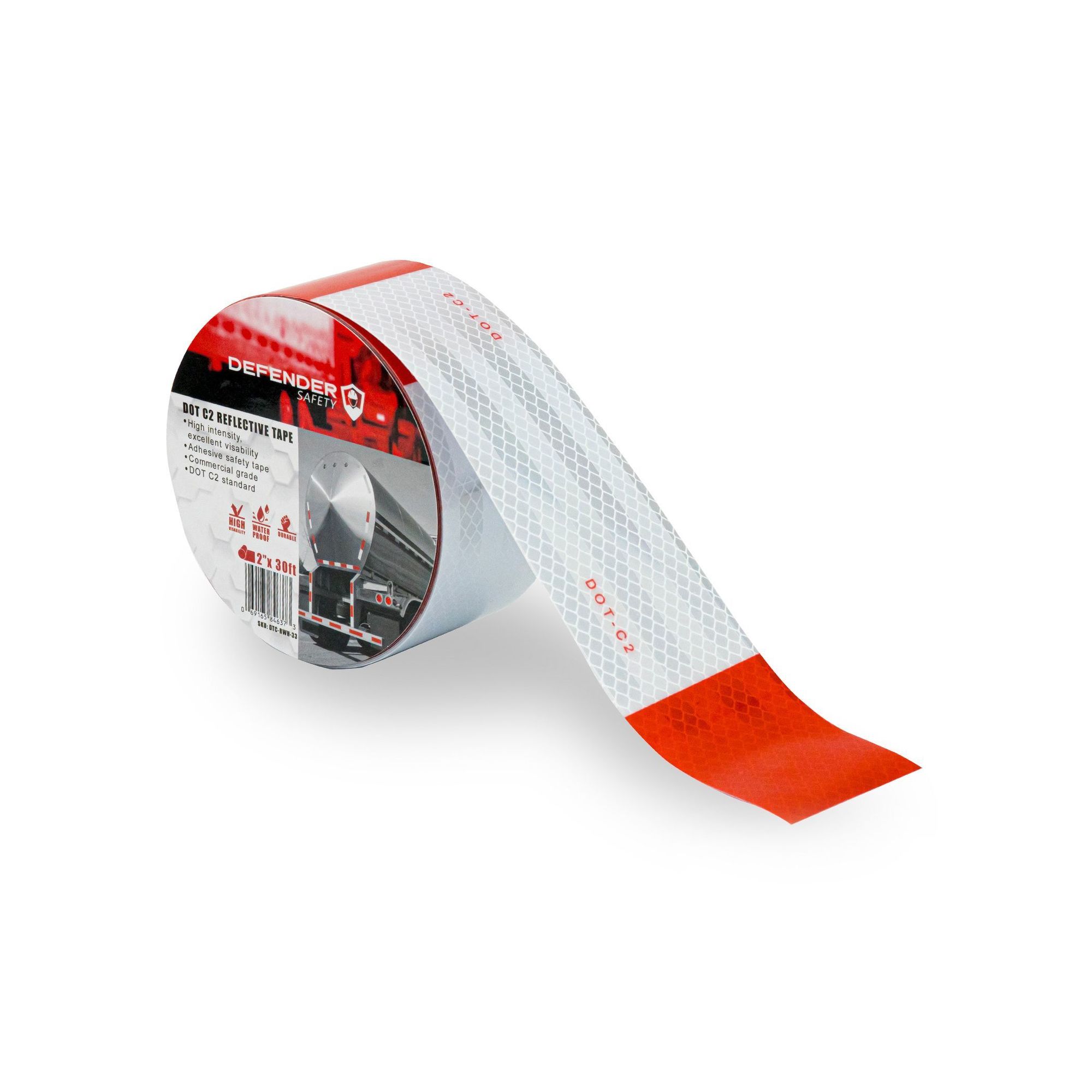 Defender Safety DOT-C2 Reflective Tape, Dot C2 Reflective Tape 2in.x 30ft. (Red/White), Length 30 in, Width 2 in, Primary Color Red, Model# DTC-RWH-33