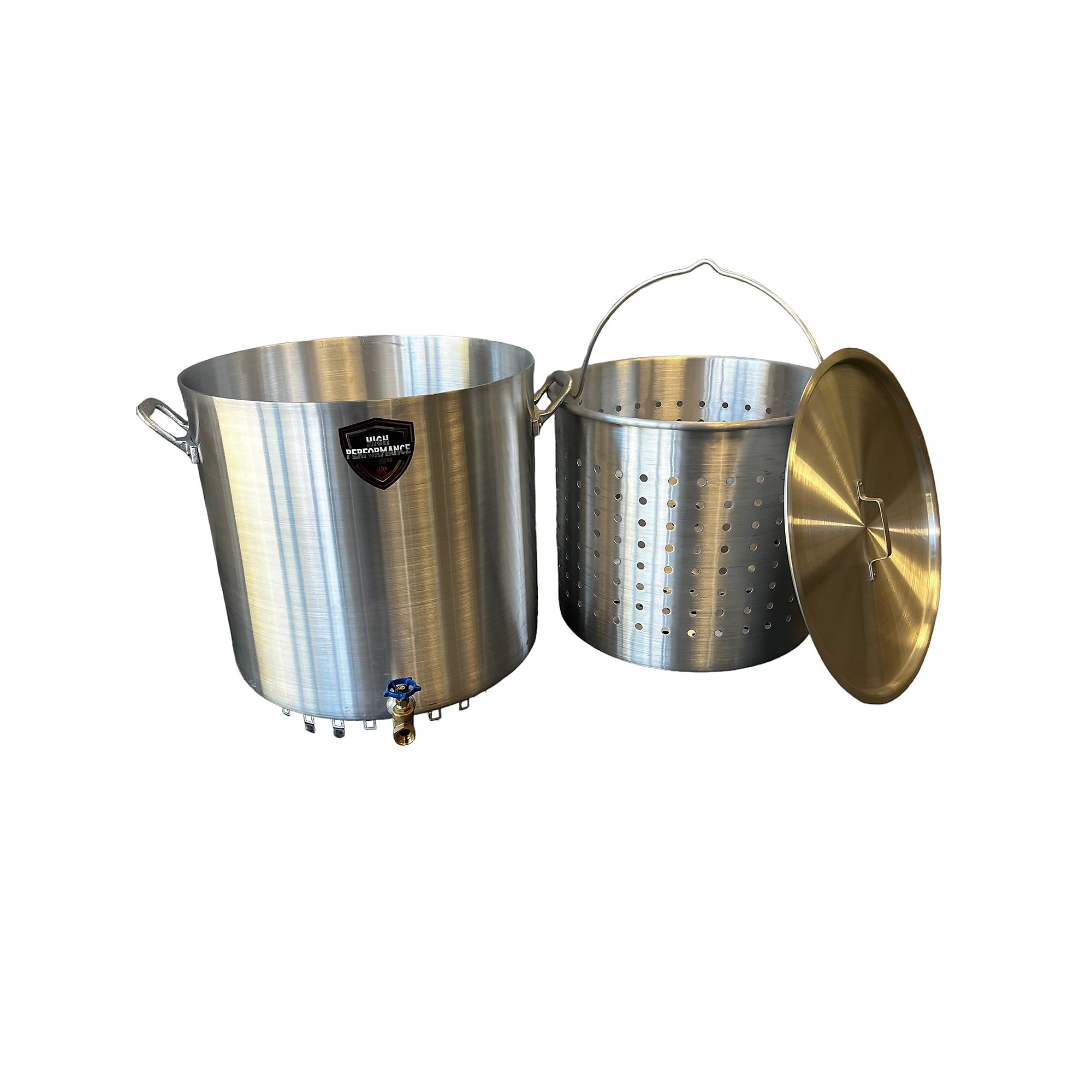 High Performance Cookers, 120 QT Seafood/Stock Pot with Basket and Lid, Pieces (qty.) 1 Bottom Diameter 21.5 in, Material Aluminum, Model# SFP120-VLV075