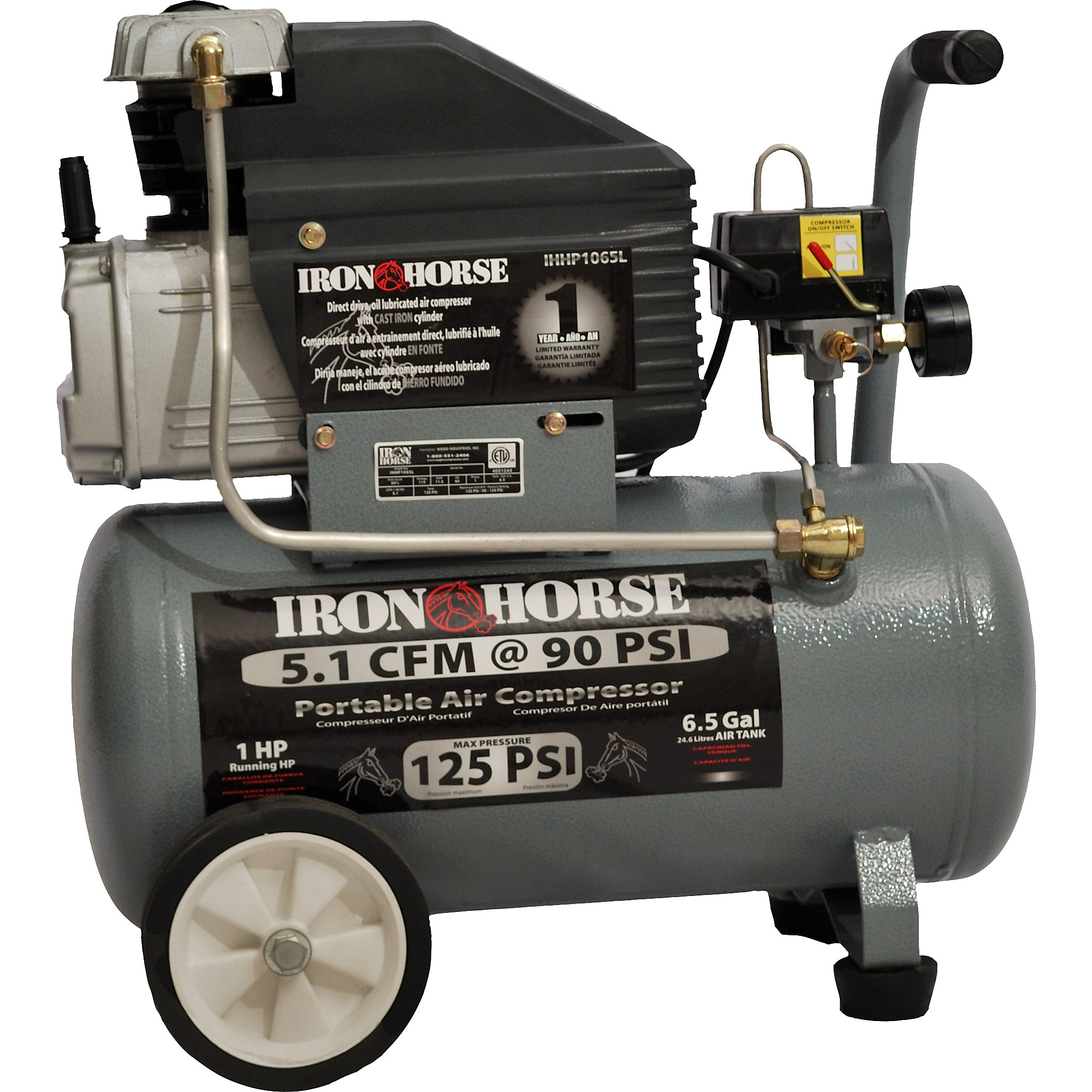 Iron Horse, 6.5 Gallon Horizontal Elec Compressor, Horsepower 1 HP, Air Tank Size 6.5 Gal, Model# IHHP1065L