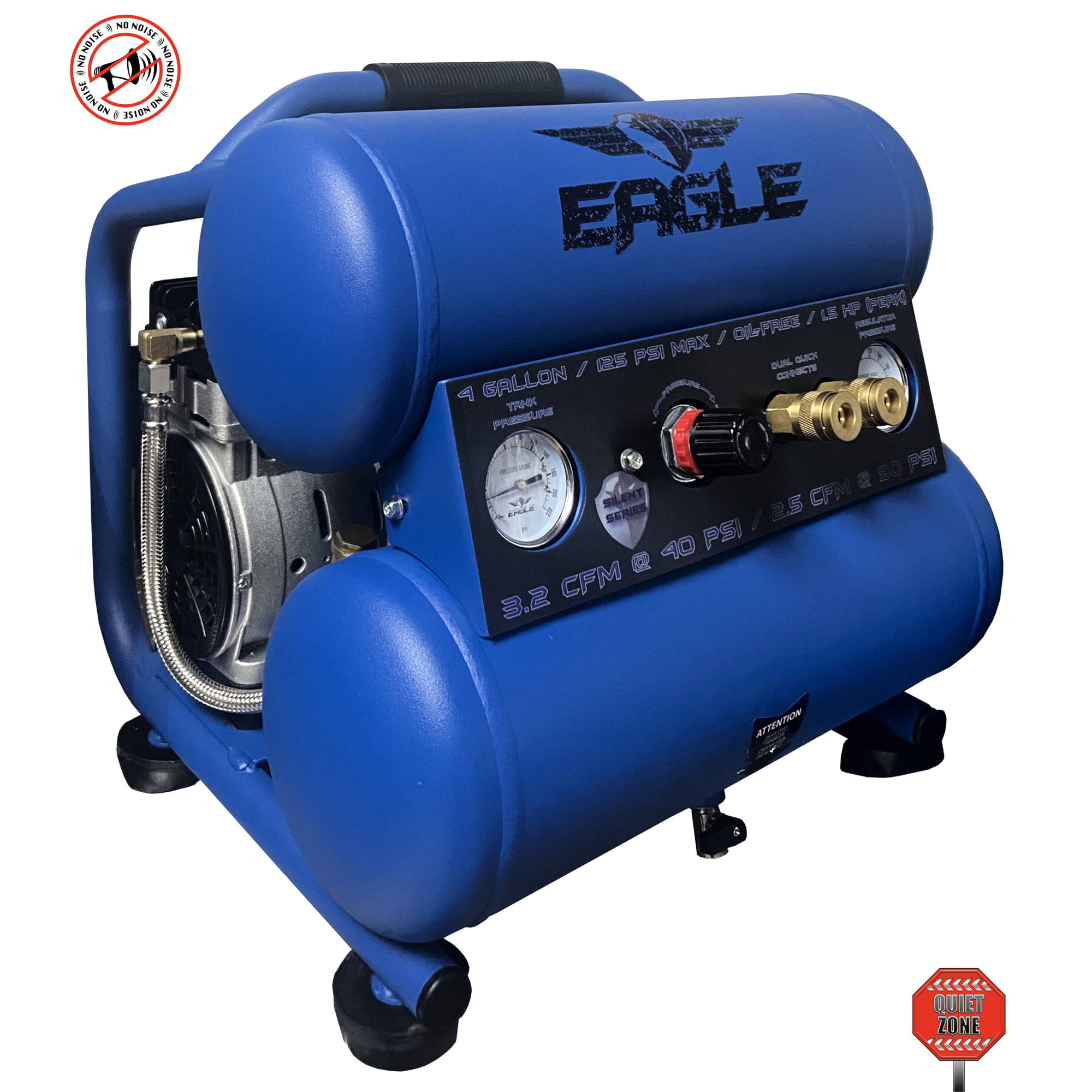 EAGLE, 47 dB 25ft. Silent Air Compressor, Horsepower 1 HP, Air Tank Size 4 Gal, Volts 110 Volt, Model# EA-4000