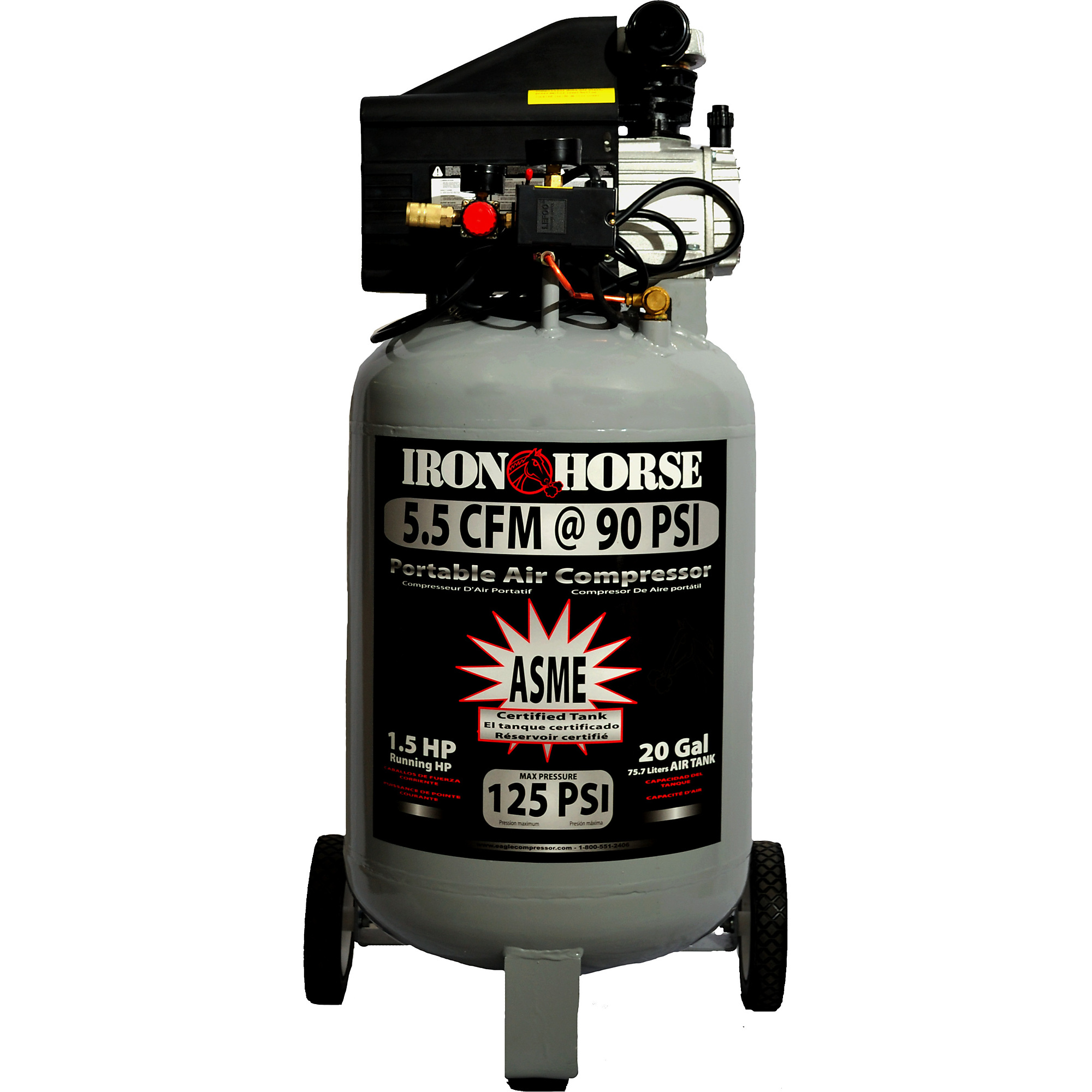 Iron Horse, Space Saving 20 Gallon Air Compressor, Horsepower 1.5 HP, Air Tank Size 20 Gal, Volts 110 Volt, Model# IHVP1520L