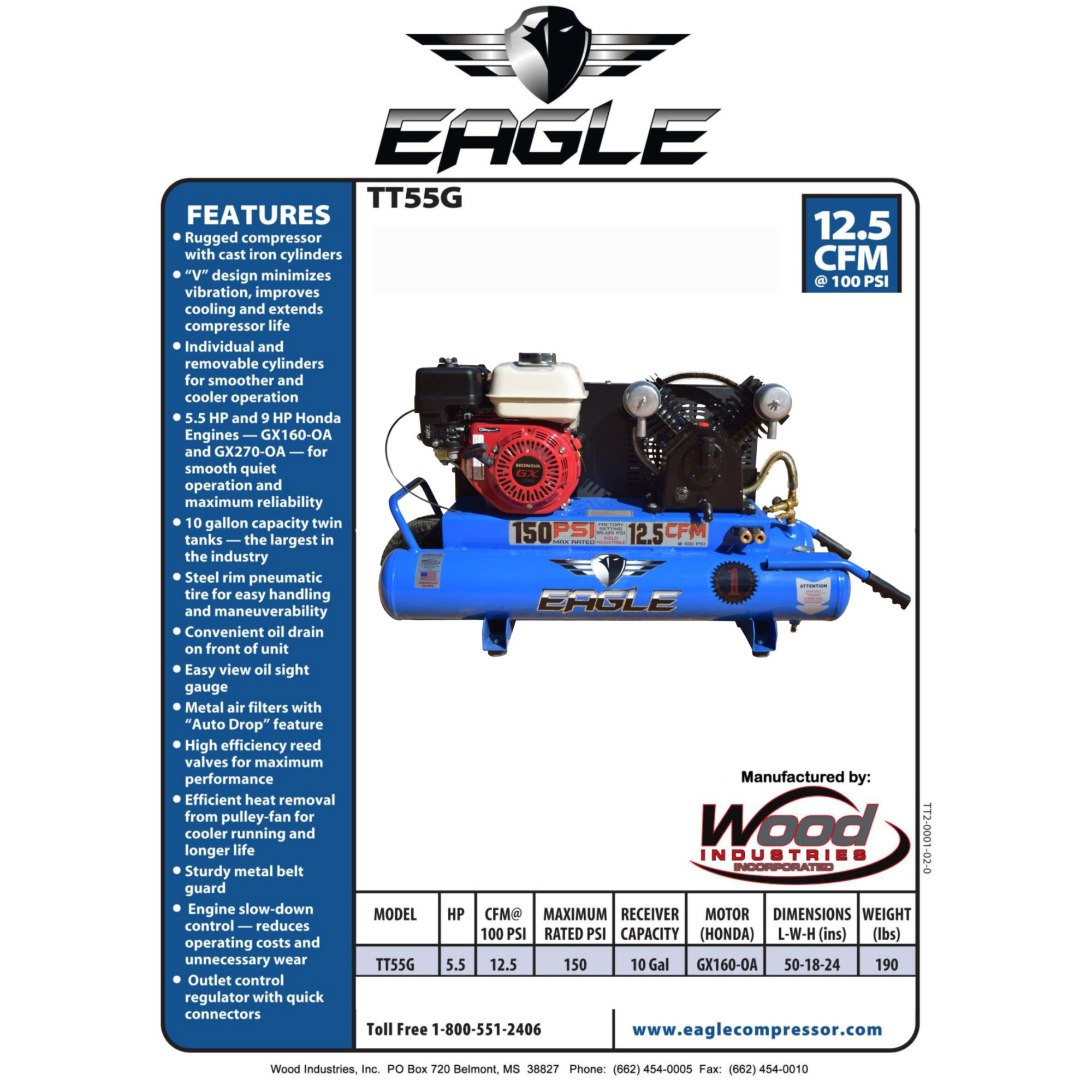 EAGLE, 10 Gallon 12.5 CFM Air Compressor, Horsepower 5.5 HP, Air Tank Size 10 Gal, Model TT55G