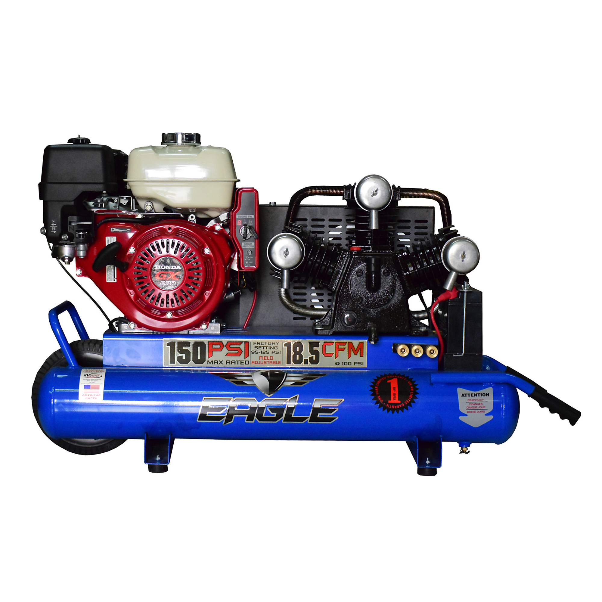 EAGLE, 10 Gallon Elec Start Air Compressor, Horsepower 9 HP, Air Tank Size 10 Gal, Model# TT90GE