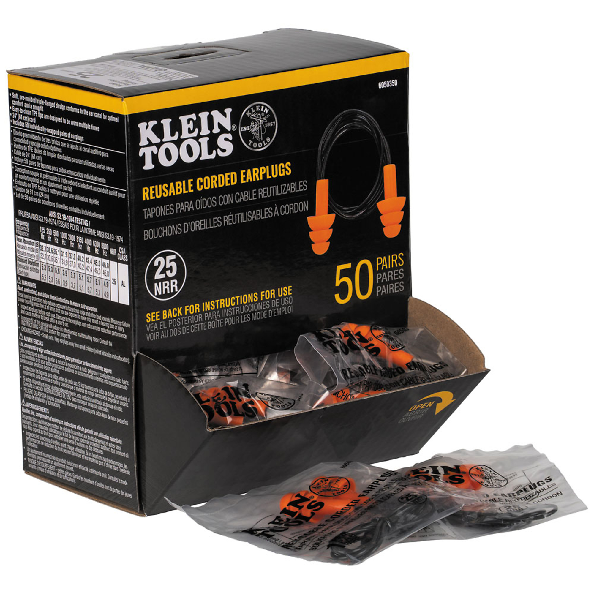 Klein Tools, Corded Earplugs, 50-Pair Dispenser Pack, Noise Reduction Rating 25 dB, Pairs Included (qty.) 50 Model# 6050350