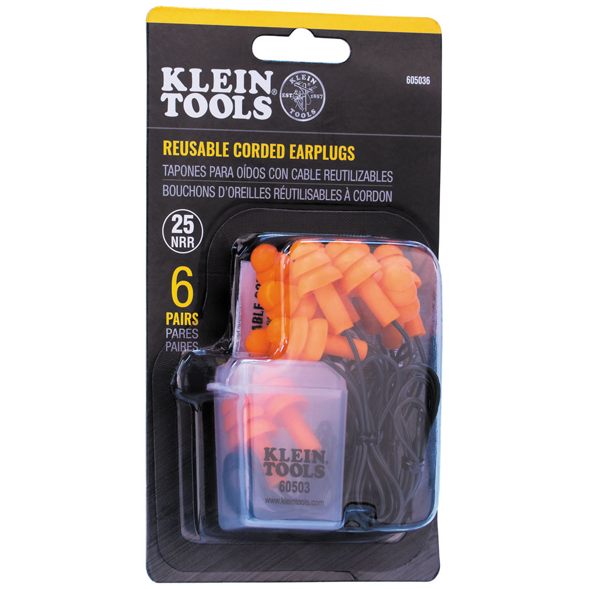 Klein Tools, Corded Earplugs, 6-Pair Pack, Noise Reduction Rating 25 dB, Pairs Included (qty.) 6 Model# 605036