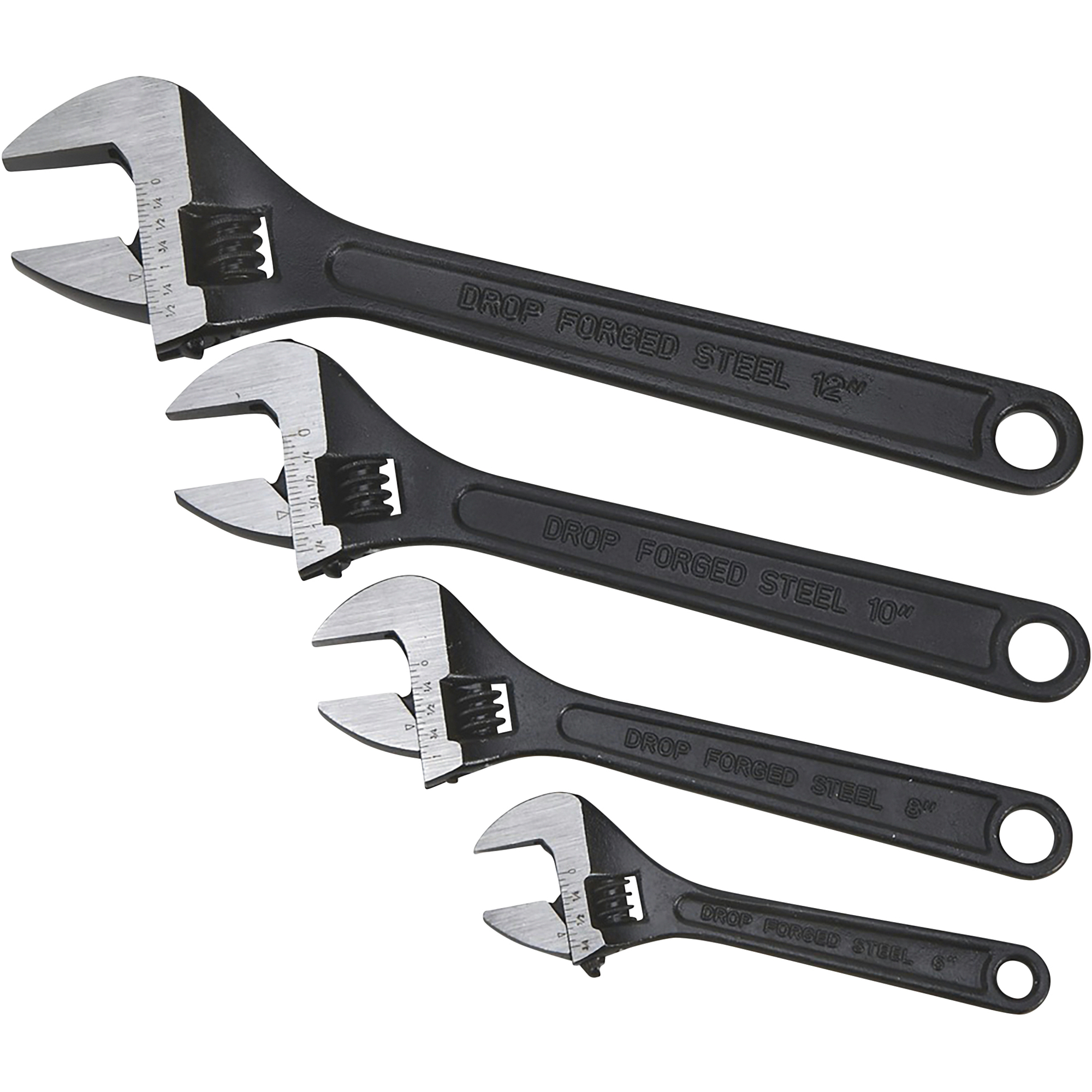 Klutch 4-Pc. Adjustable Wrench Set, 6in., 8in., 10in., 12in., Chrome Vanadium Steel