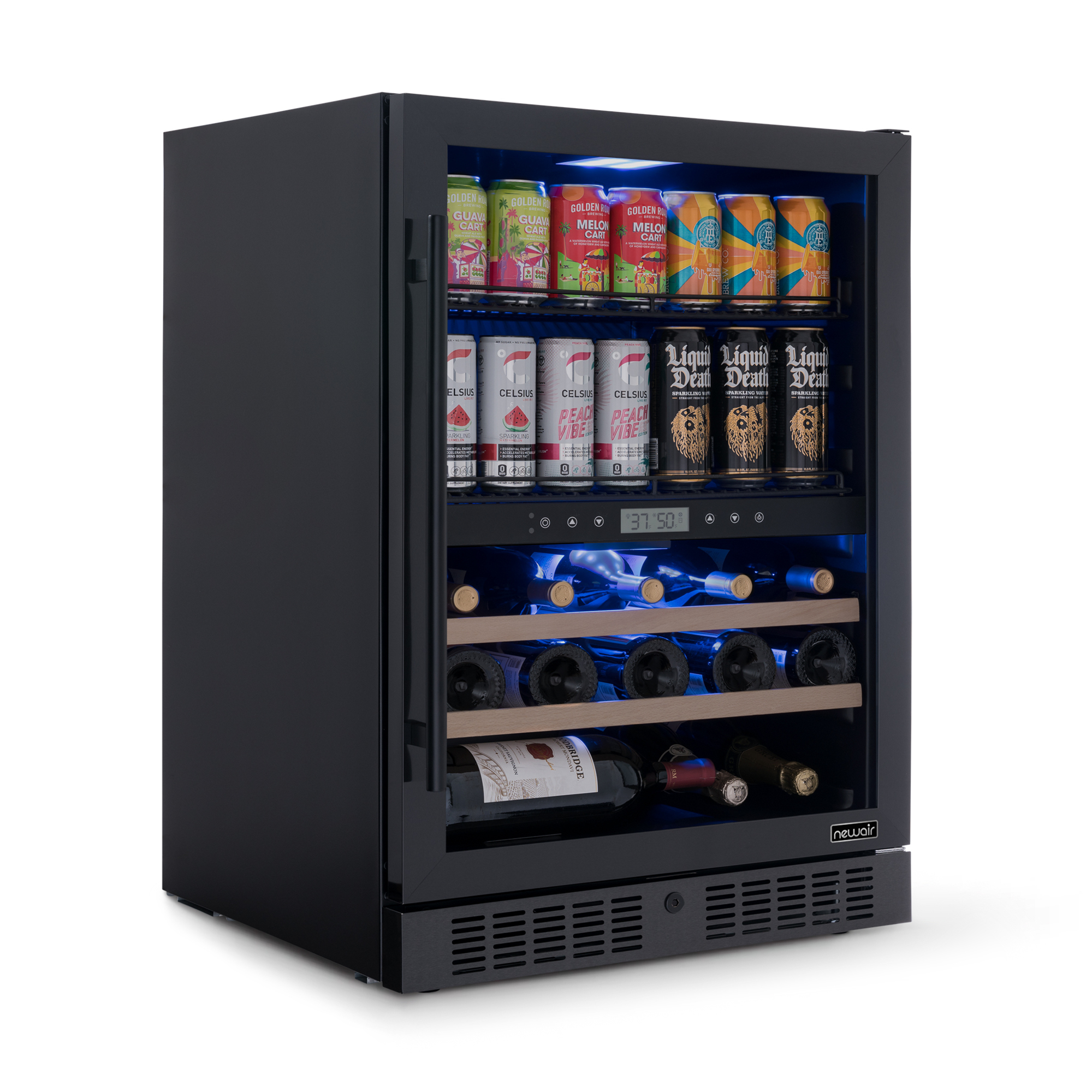 Newair, 24in. Wine Beverage Fridge 2 Zone, Black Stainless, Bottle Capacity 24 Can Capacity 100 Model# AWB-401DB-B