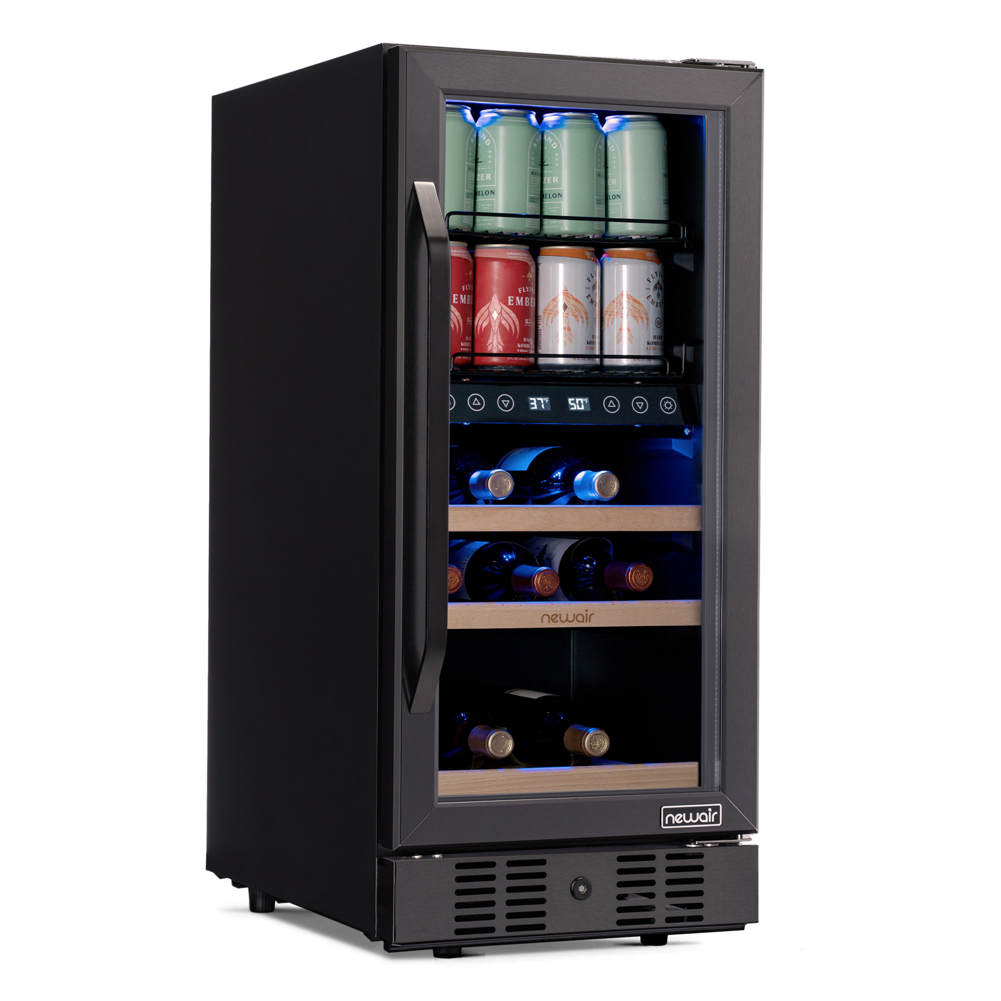 Newair, 15in. Wine and Beverage Refrigerator Black Stainless, Bottle Capacity 13 Can Capacity 48 Model# NWB057BSD0