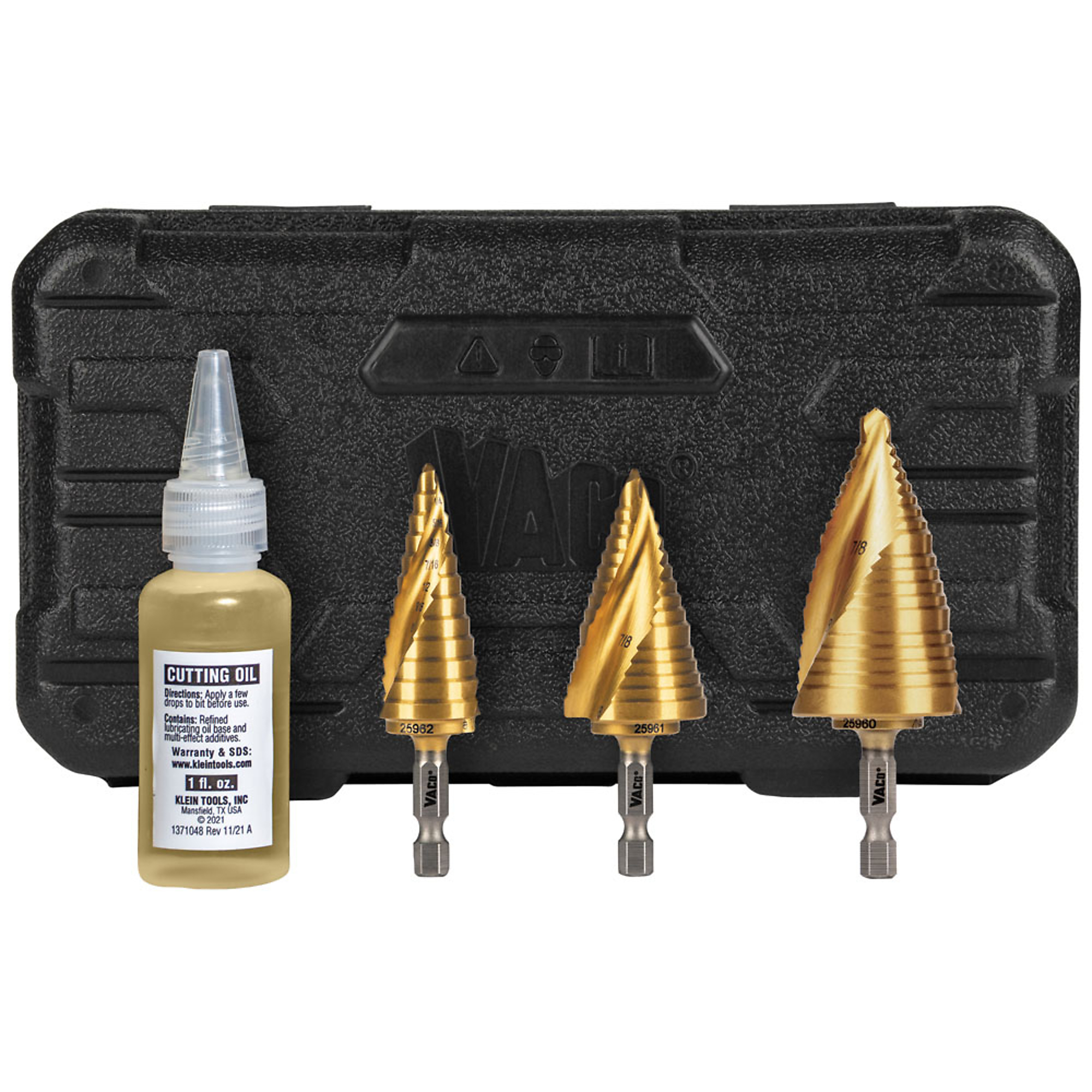 Klein Tools Step Bit Kit, Spiral Double-Fluted, 3-Piece, Model# 25951