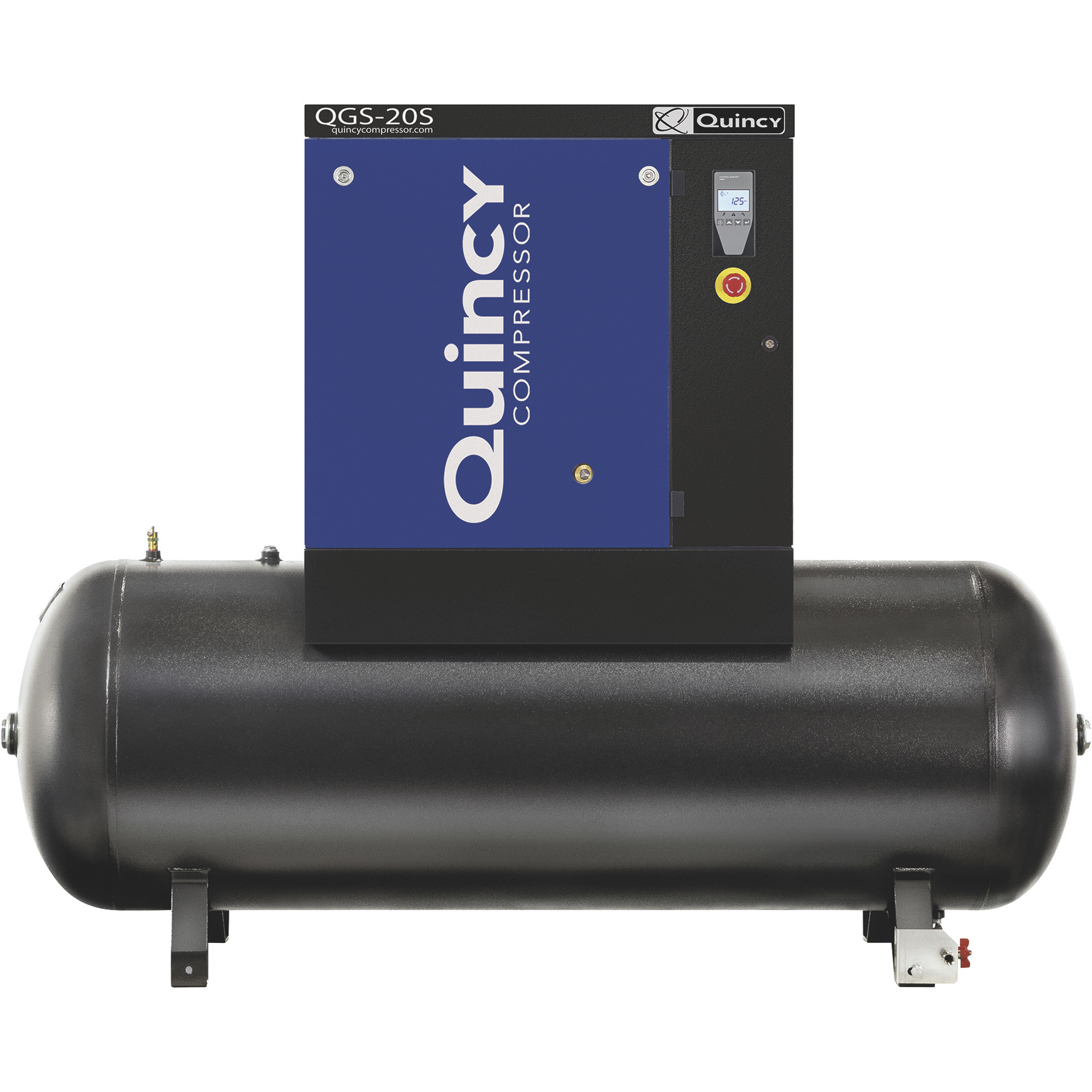 Quincy QGS-20 Tank Mounted Rotary Screw Compressor, 20 HP, 230V 3-Phase, 132 Gallon, 60.8 CFM, Model# 4152021996