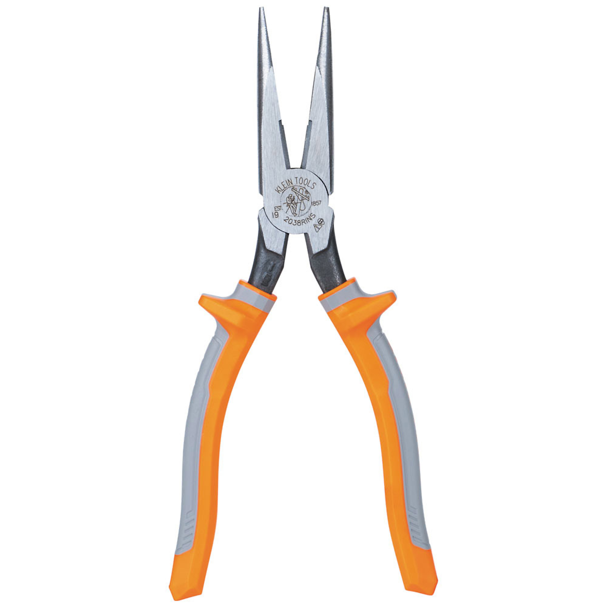 Klein Tools, Pliers, Long Nose Side-Cutters, Insulated, 8in., Pieces (qty.) 1 Material Forged Steel, Jaw Capacity 2.36 in, Model# 2038RINS